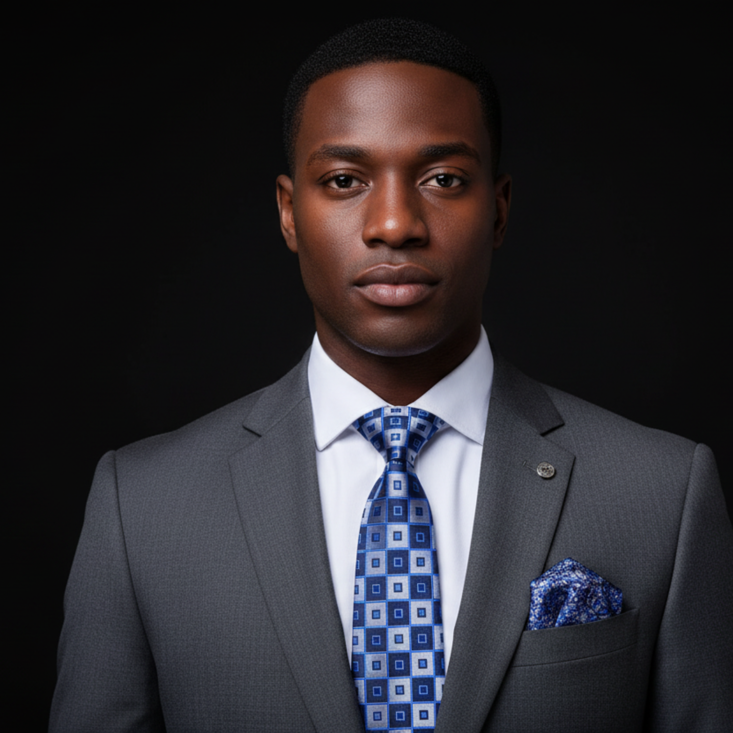 Man wearing a gray suit with a blue patterned tie and pocket square on a black background