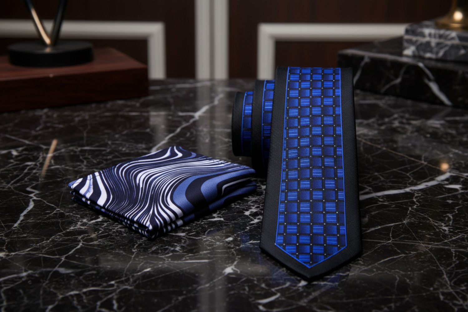 Black tie with blue geometric pattern and accenting square
