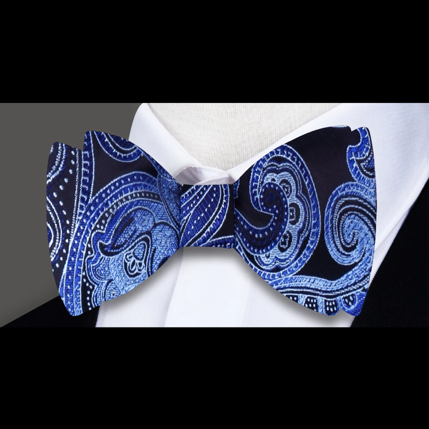 A Black, Blue Intricate Paisley Pattern Pre Tied Bow Tie