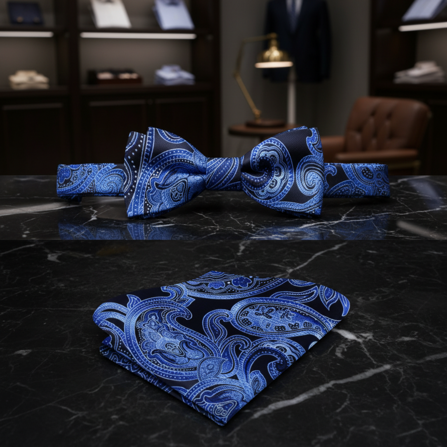 A Black, Blue Intricate Paisley Pattern Pre Tied Bow Tie and Square