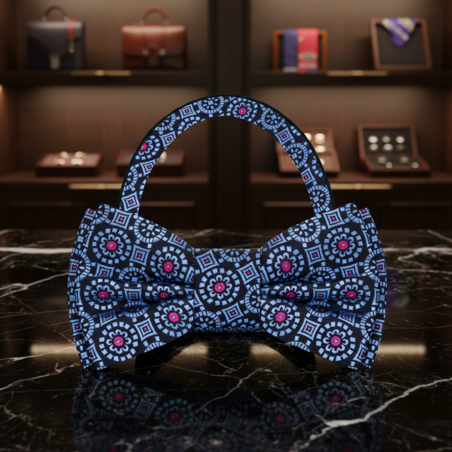 Modena Black, Rich Blue, Pink Geometric Bow Tie Pre Tied