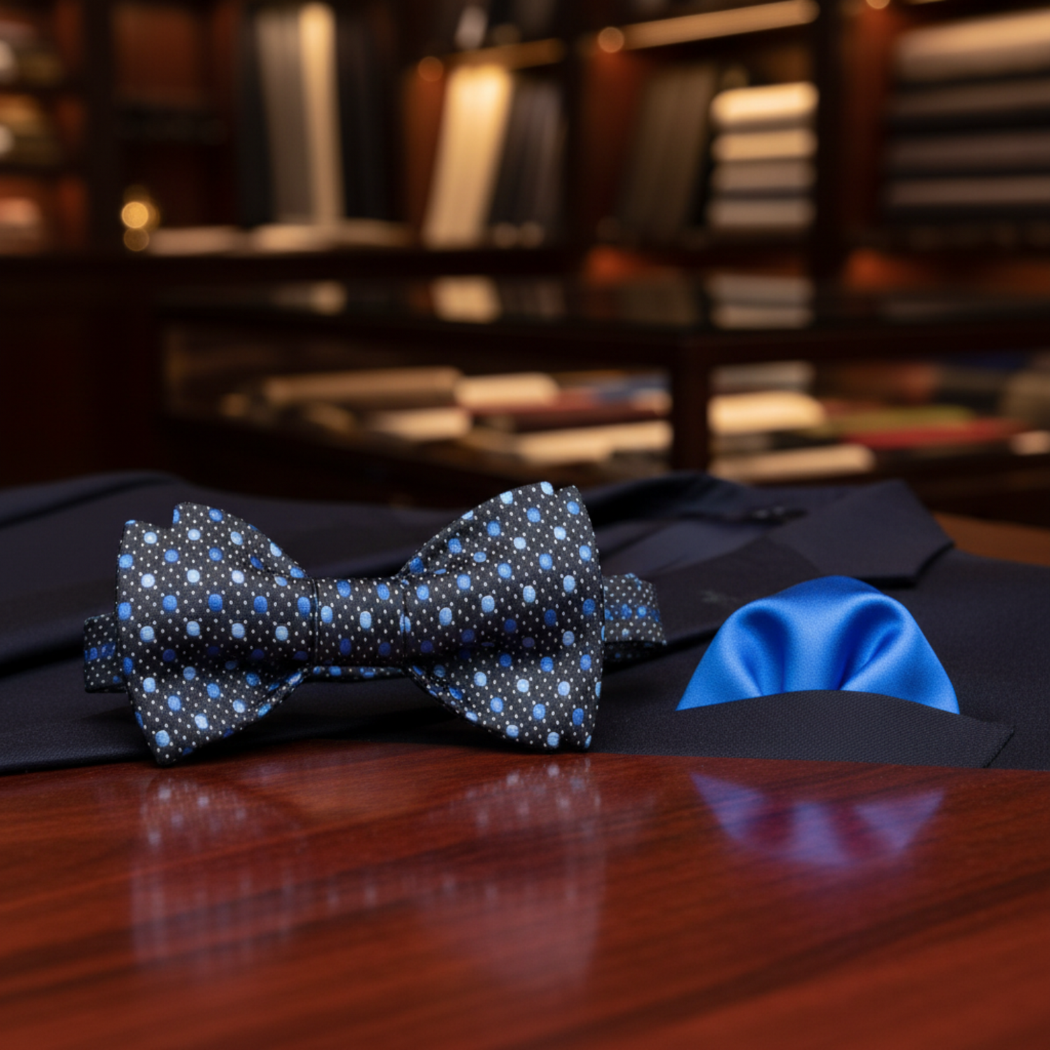 Black, Blue Modern Polka Bow Tie and Pocket Square