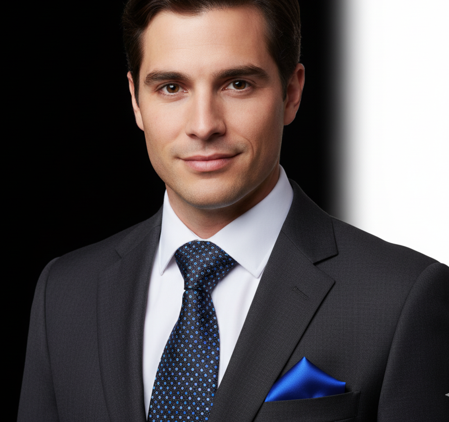 Man wearing a dark suit with a blue tie and pocket square on a black background