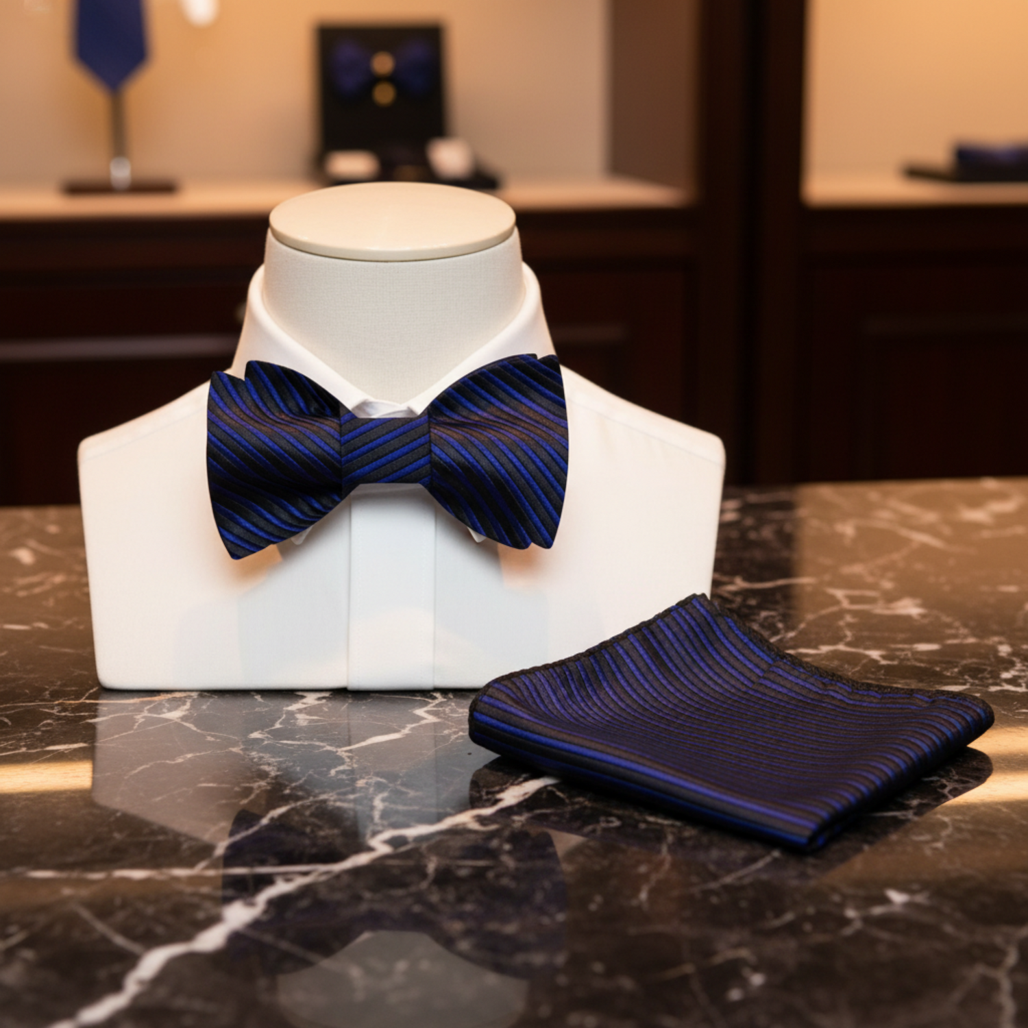 A Dark Blue Solid with Lined Texture Pattern Self Tie Bow Tie, Matching Pocket Square
