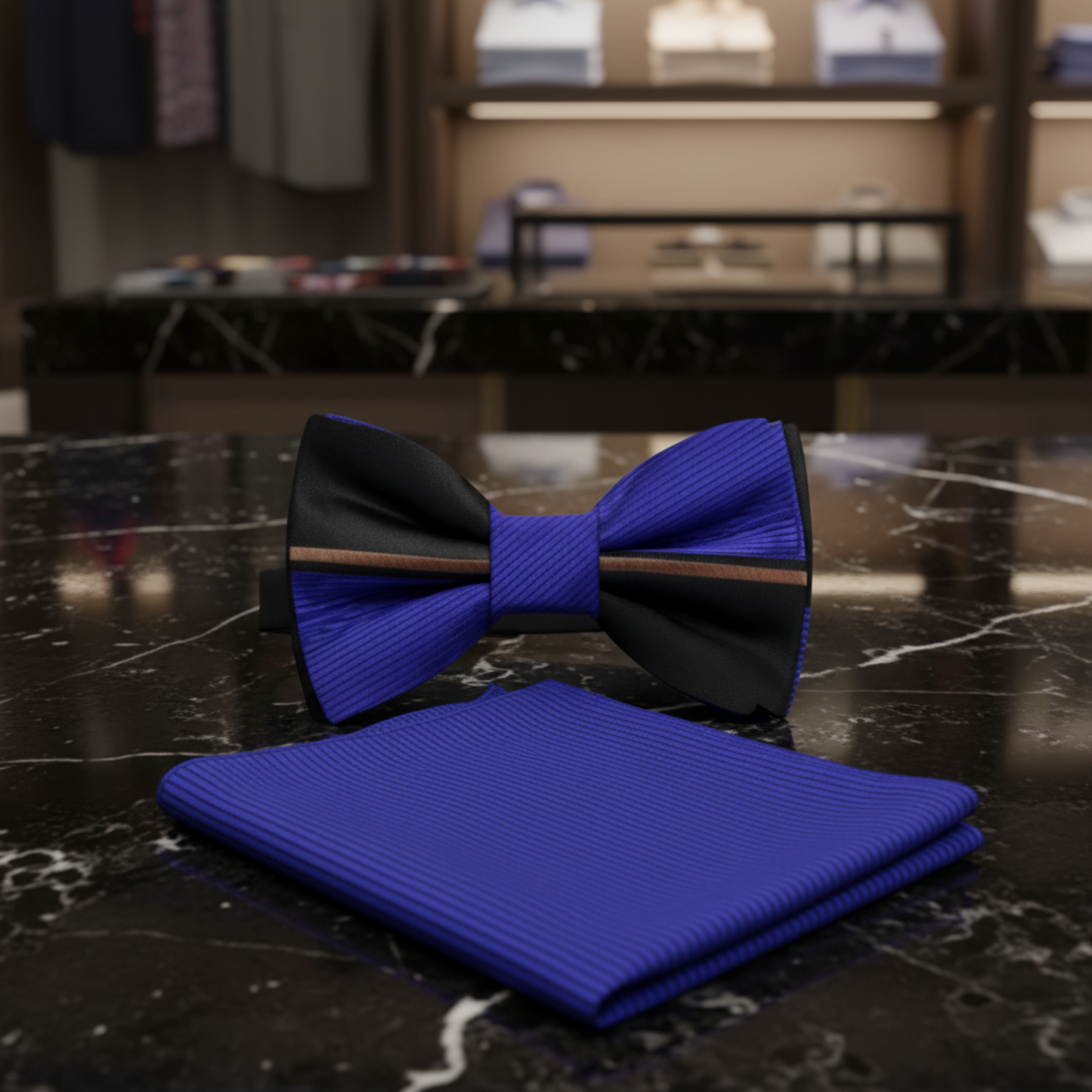 Blue, Black Lined Bow Tie and Pocket Square||Blue, Black