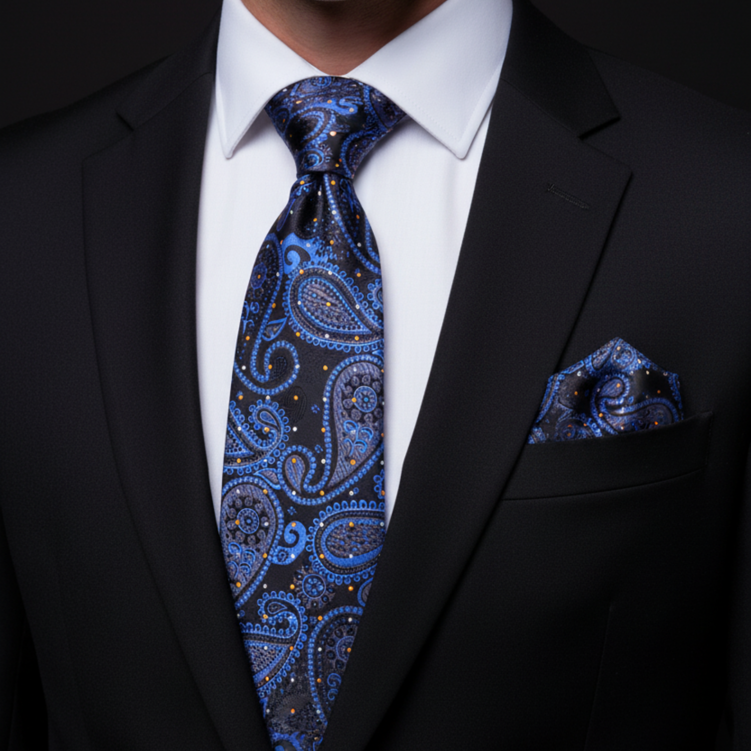 Man wearing a black suit with a blue paisley tie and pocket square.