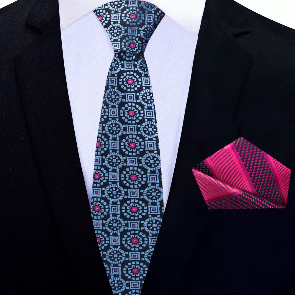 Thin Black, Blue Pink Geometric Tie and Accenting Square