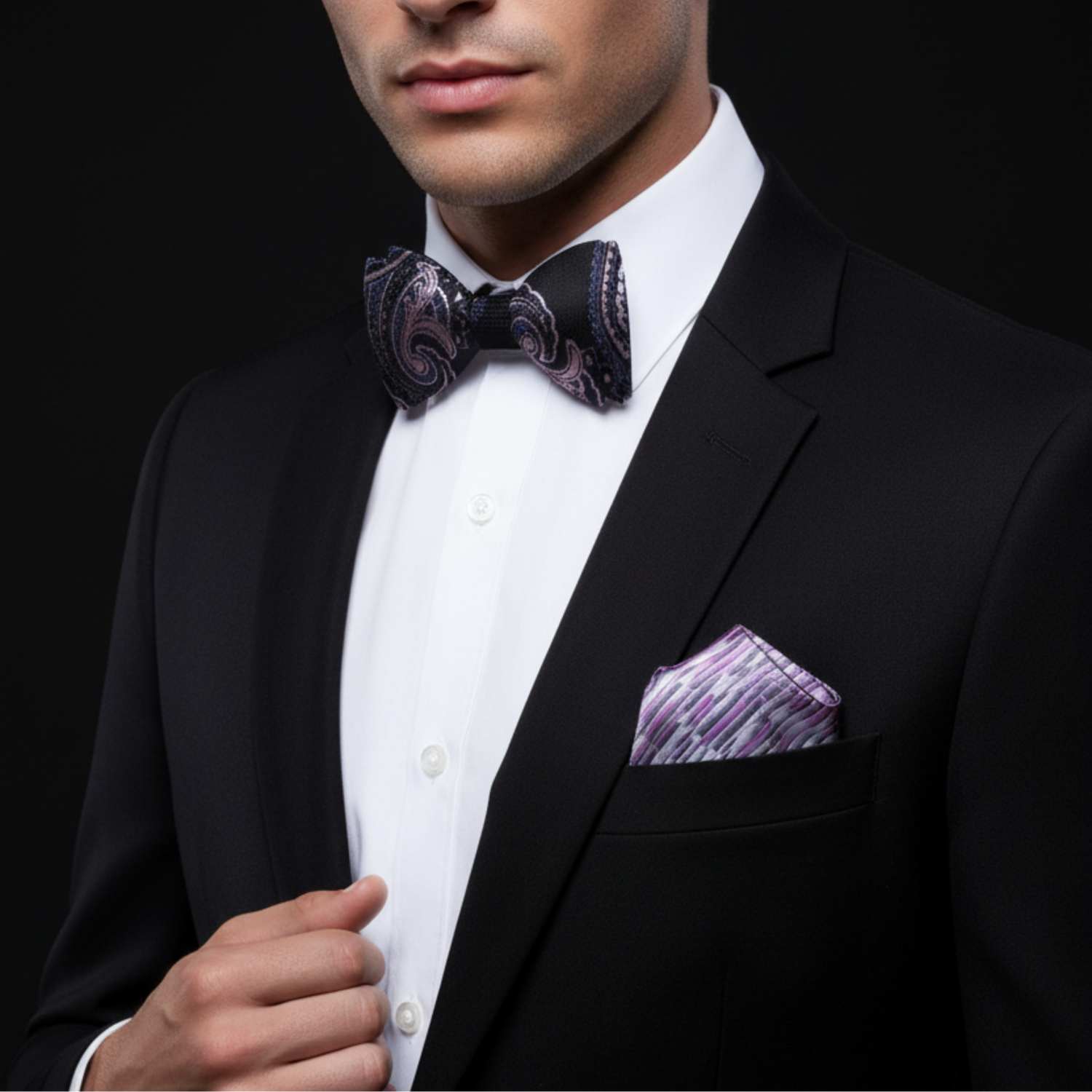 Black paisley bow tie and white pink grey square