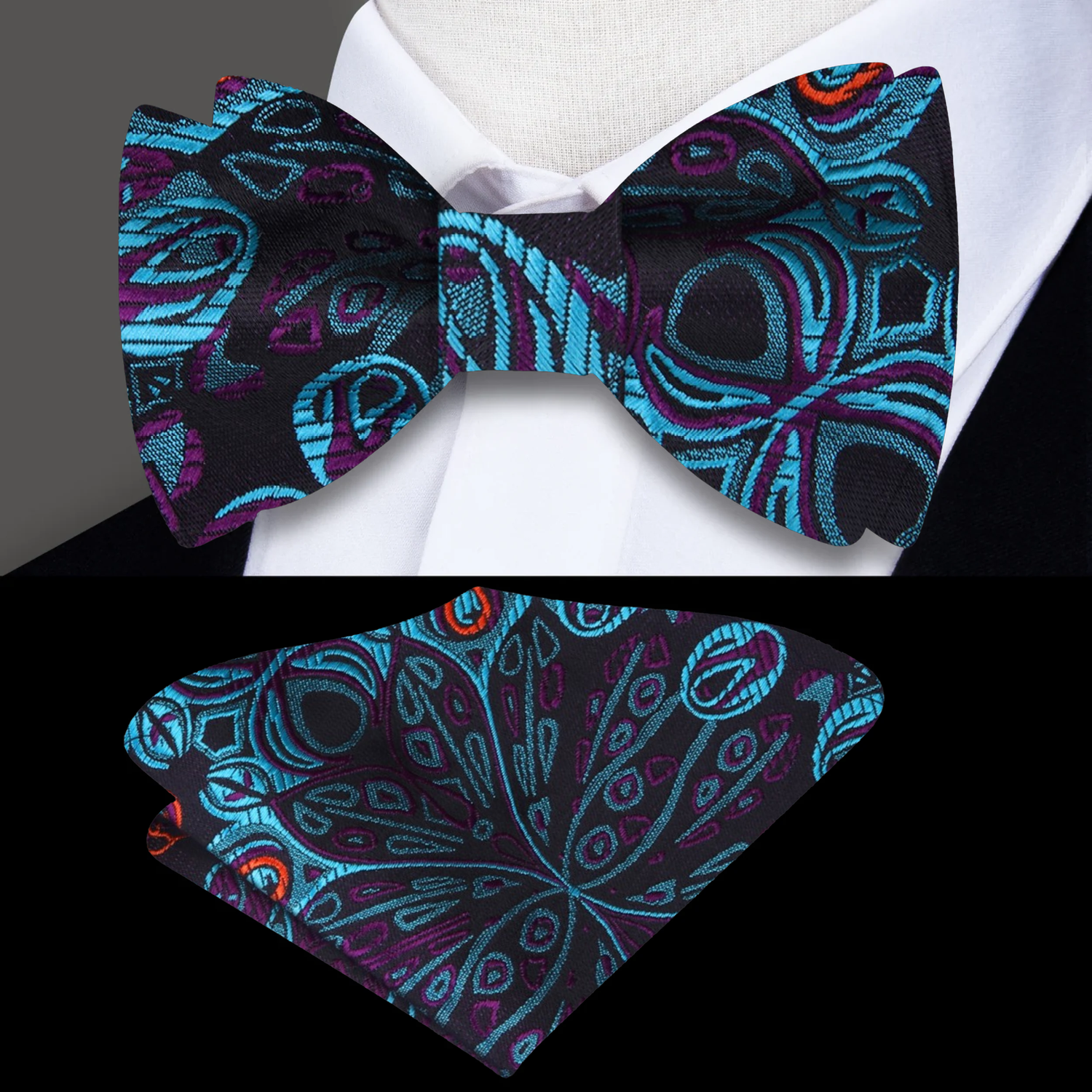 A Dark Blue, Purple, Orange Abstract Peacock Feather Pattern Self Tie Bow Tie, Matching Pocket Square