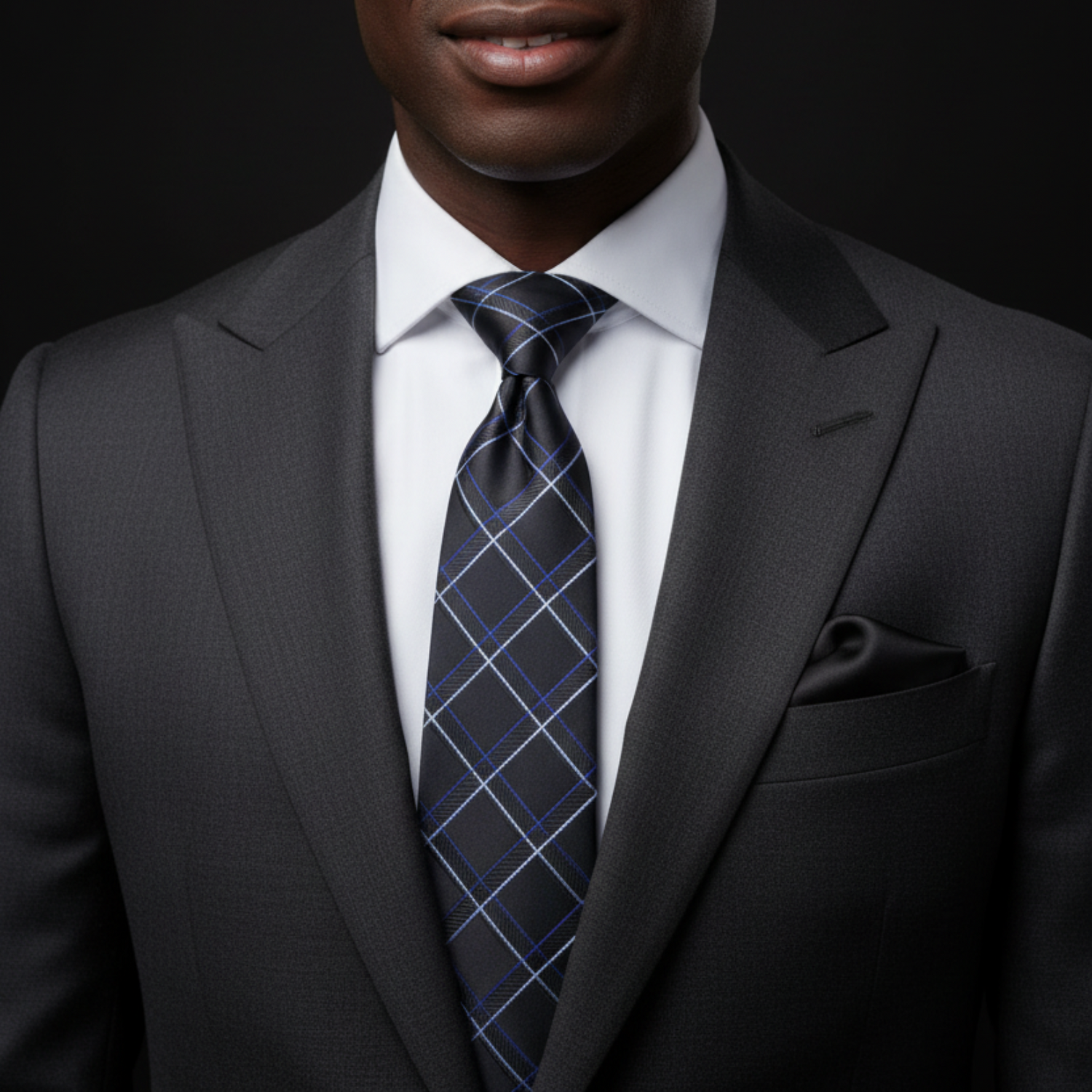 Man wearing a gray suit with a blue plaid tie against a black background