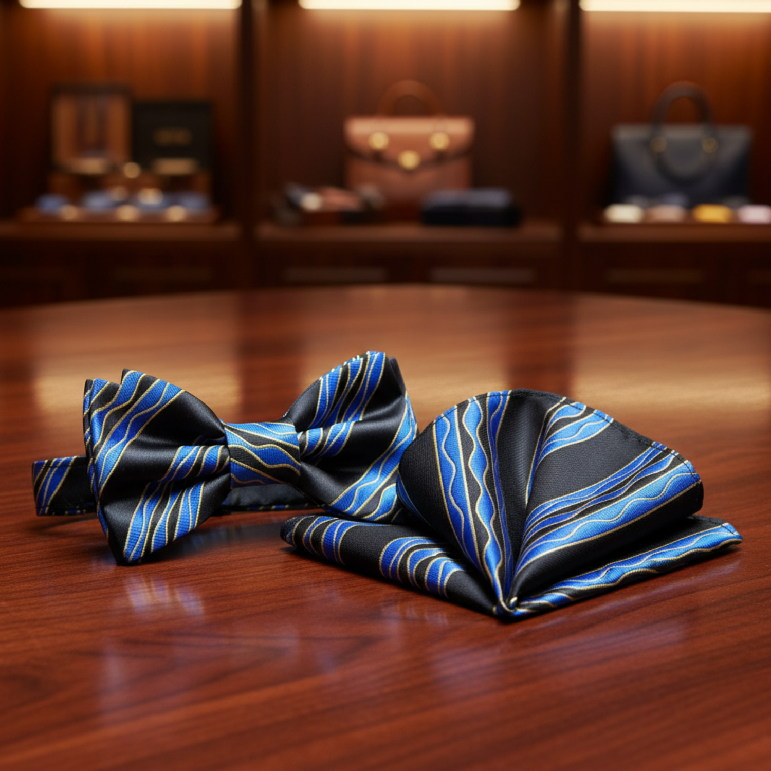 Black, Blue, Yellow Abstract Waves Bow Tie and Pocket Square on Suit||Black, Blue
