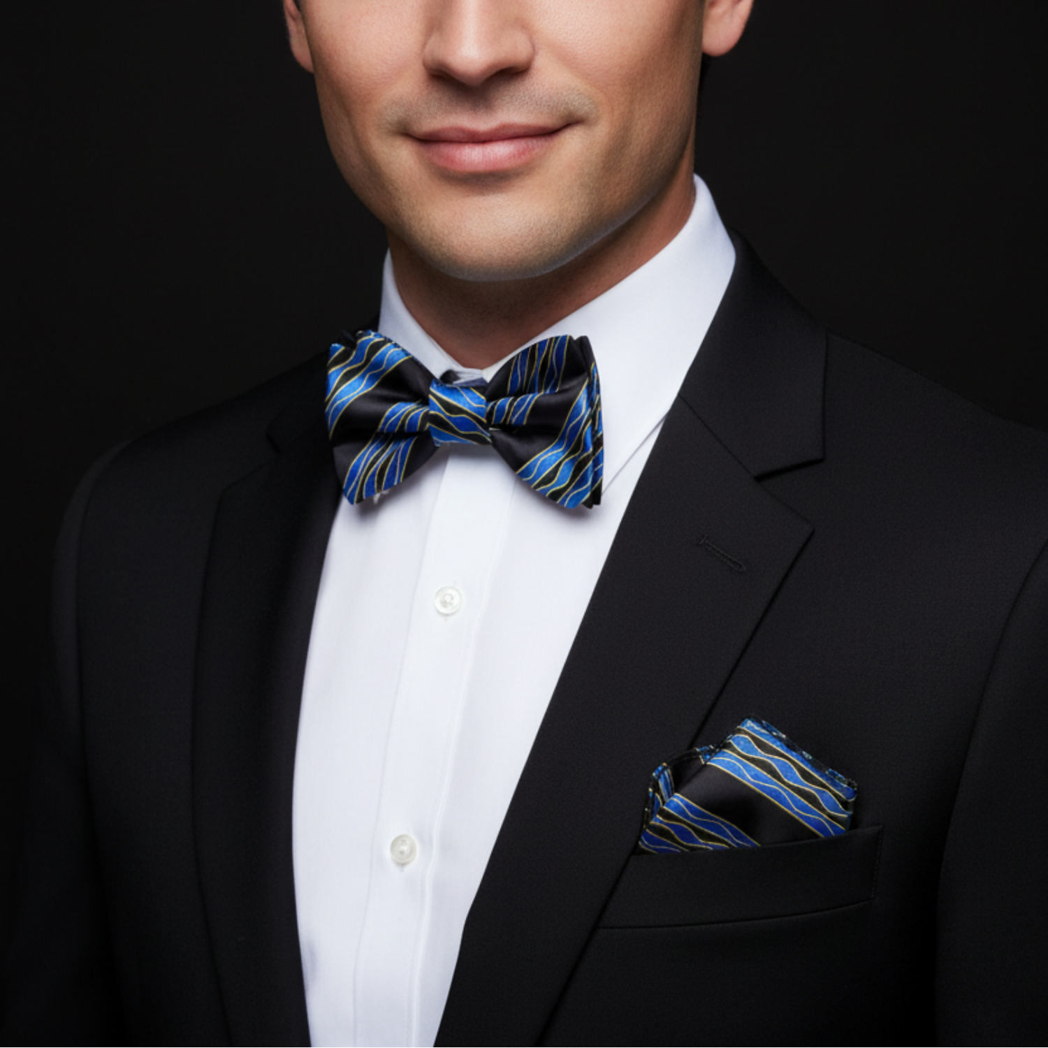 Man wearing a black suit with a blue and black striped bow tie and pocket square on a black background