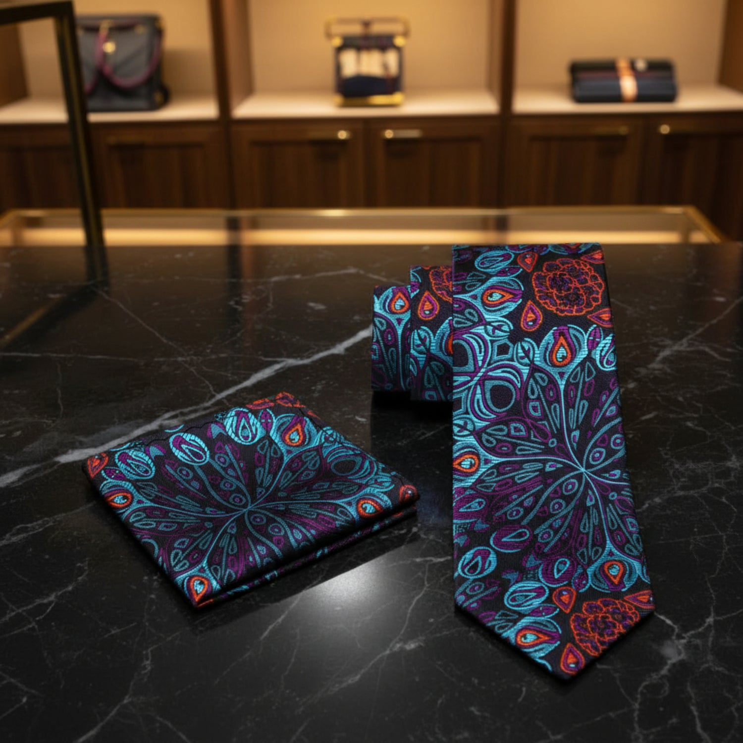 Alt Black Blue Purple Orange Peacock Tie and Square