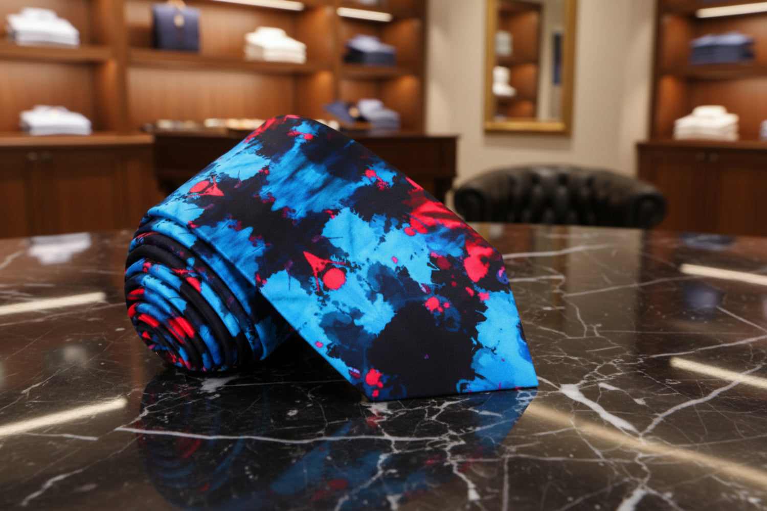 Black Blue and Red Abstract ink Blot Necktie 