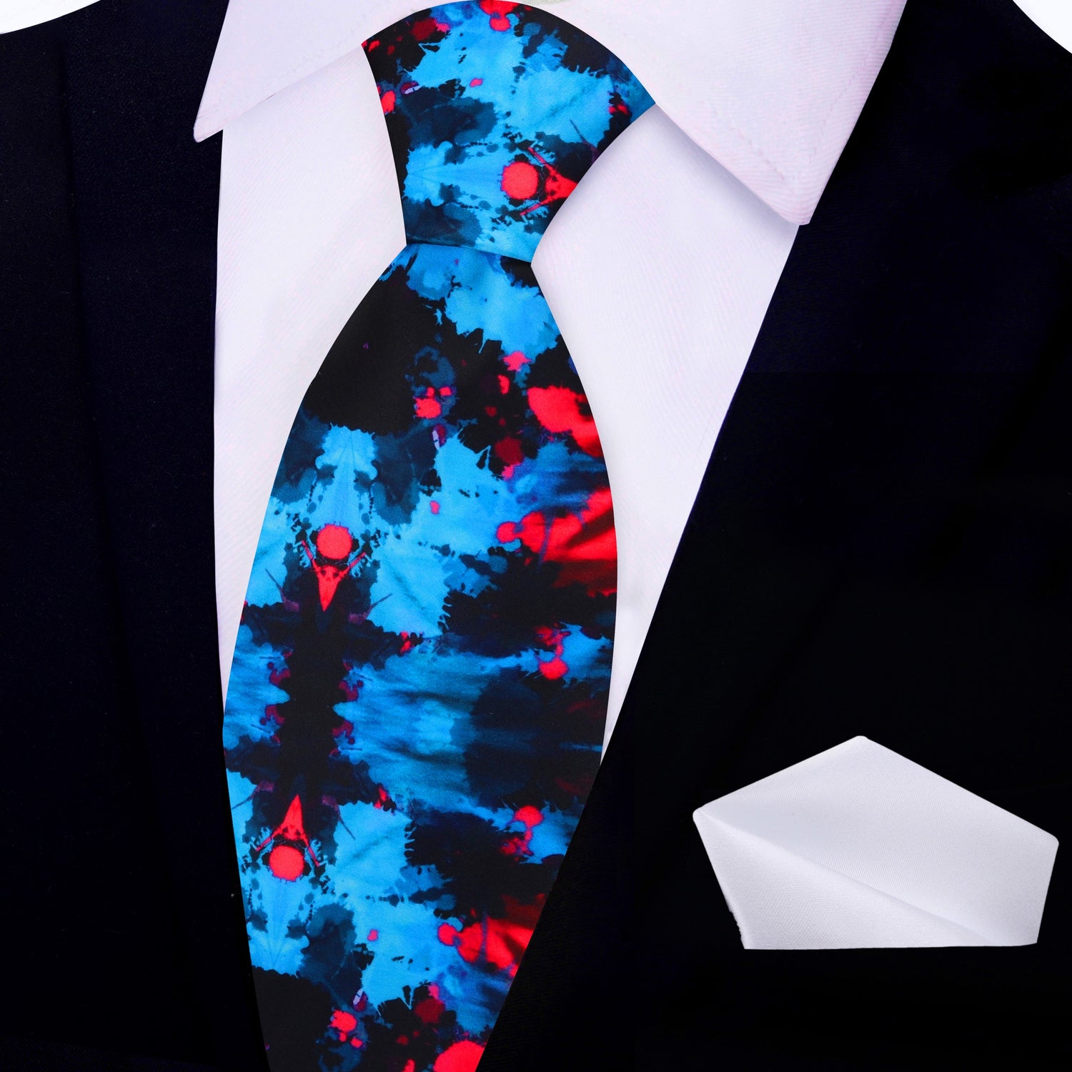 Black Blue and Red Abstract ink Blot Necktie and White Square