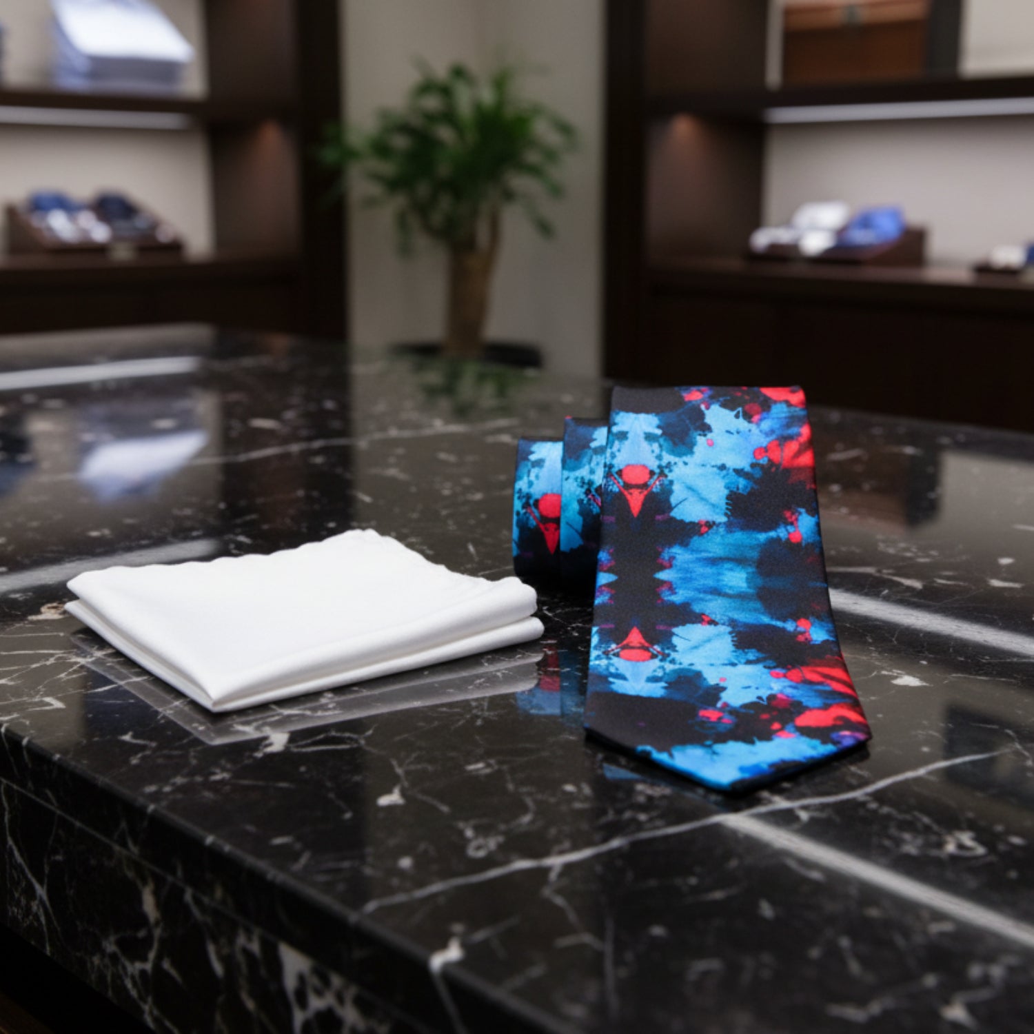 Alt View: Black Blue and Red Abstract ink Blot Necktie and White Square