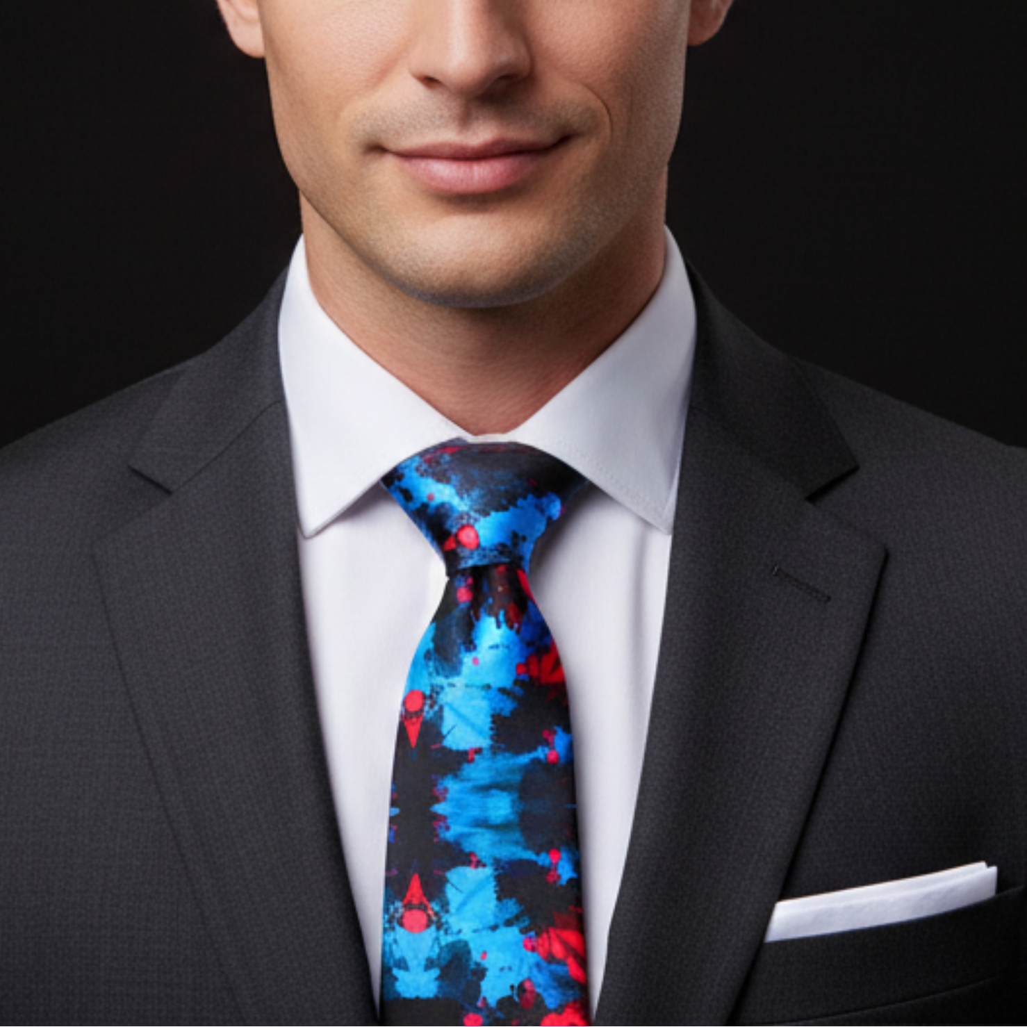 Man wearing a dark suit with a white shirt and a colorful tie against a black background