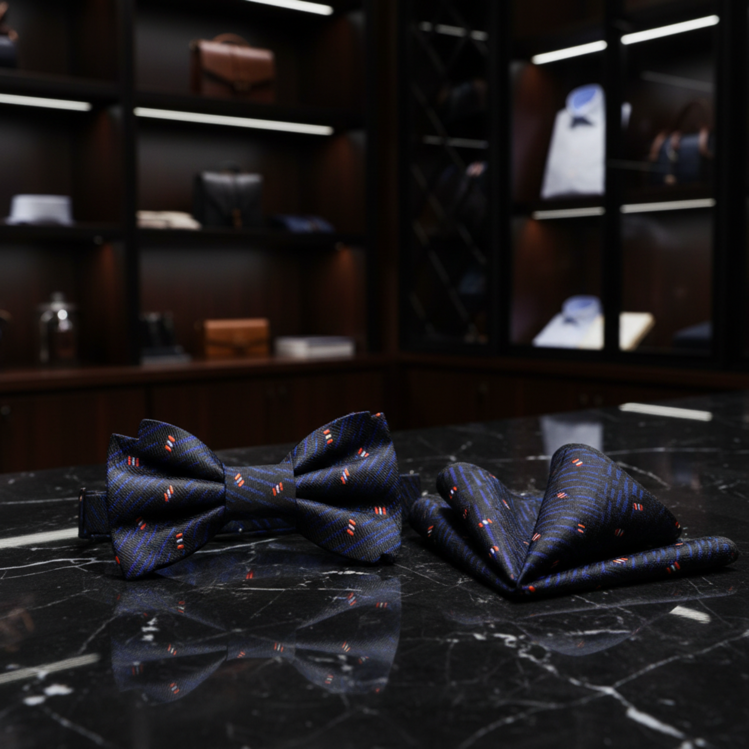 Black, Indigo Blue, Red Abstract Bow Tie and Accenting  Square