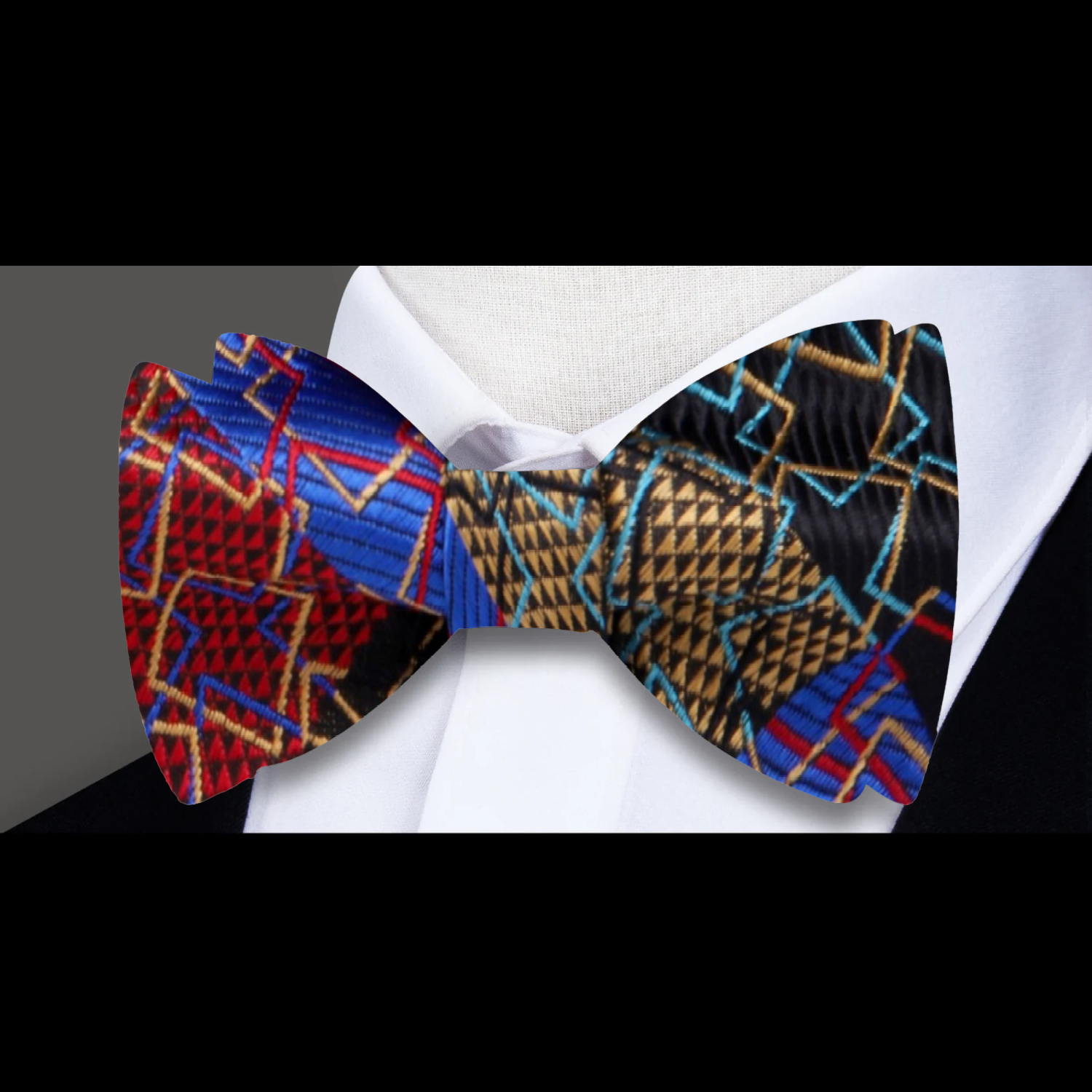 Black, Blue, Red & Gold Geometric Bow Tie | Abstract Square Pattern