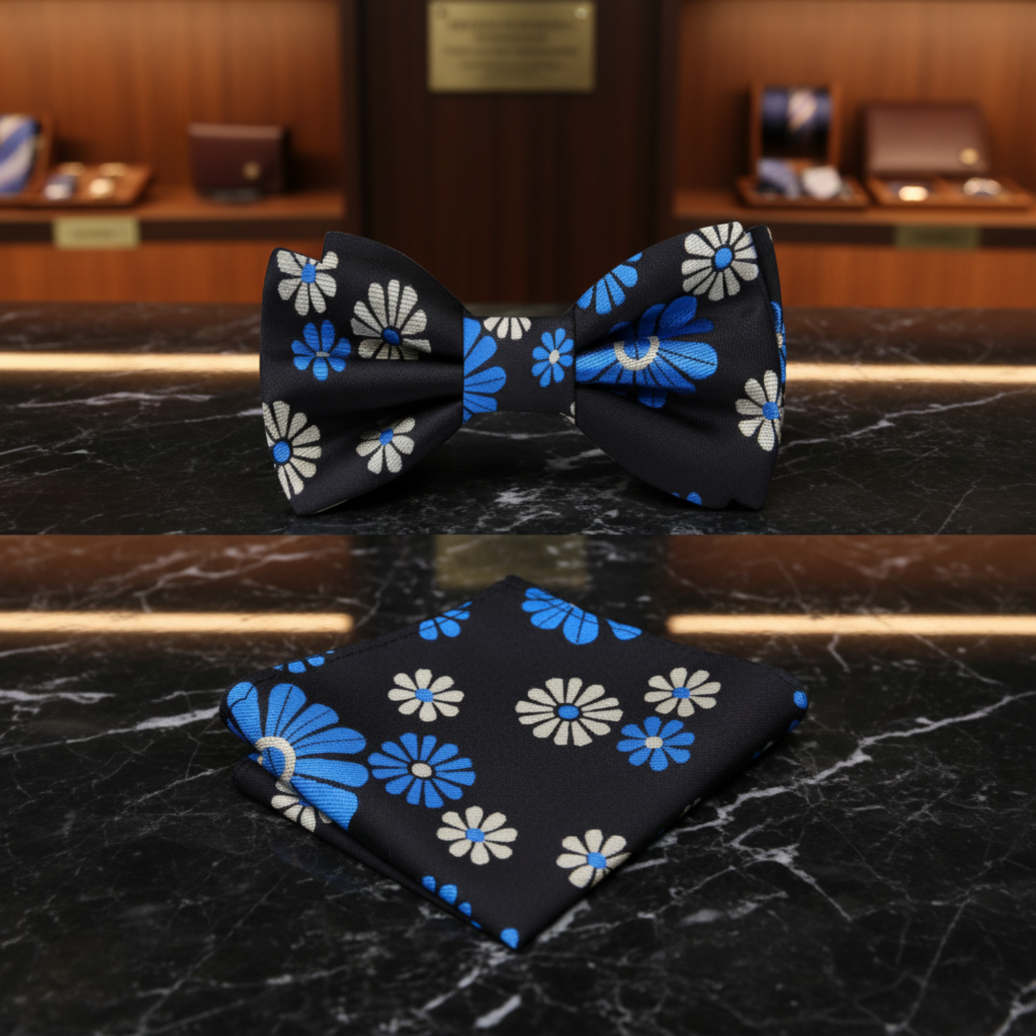 Black, Light Blue Flowers Bow Tie and Pocket Square