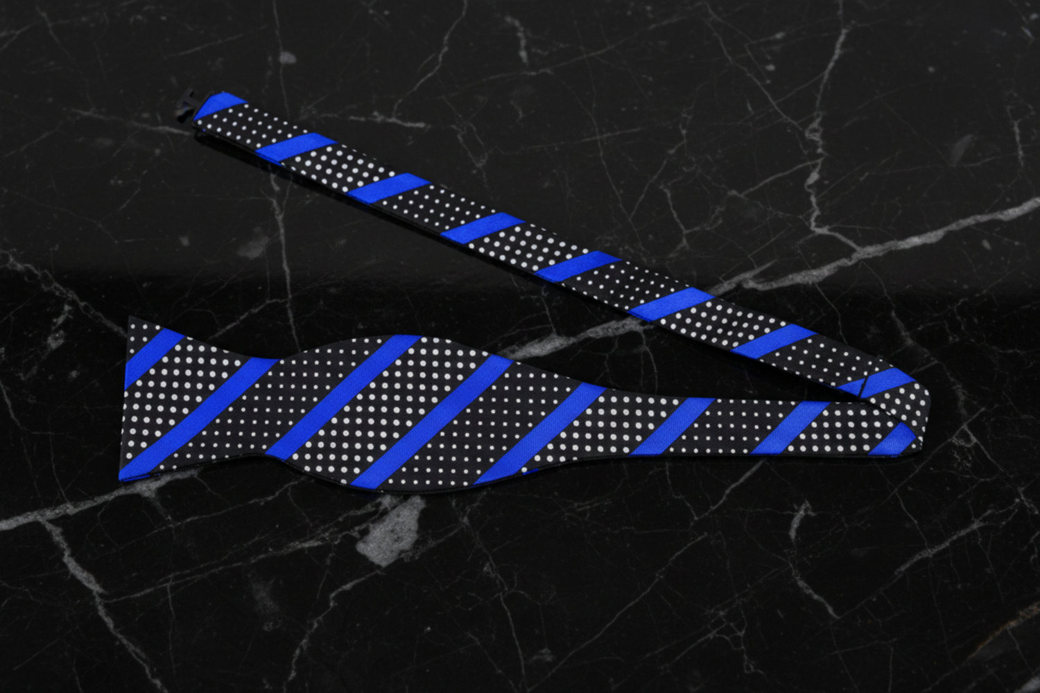Main View: A Black, Black, White Polka and Stripe Pattern Self Tie Bow Tie 