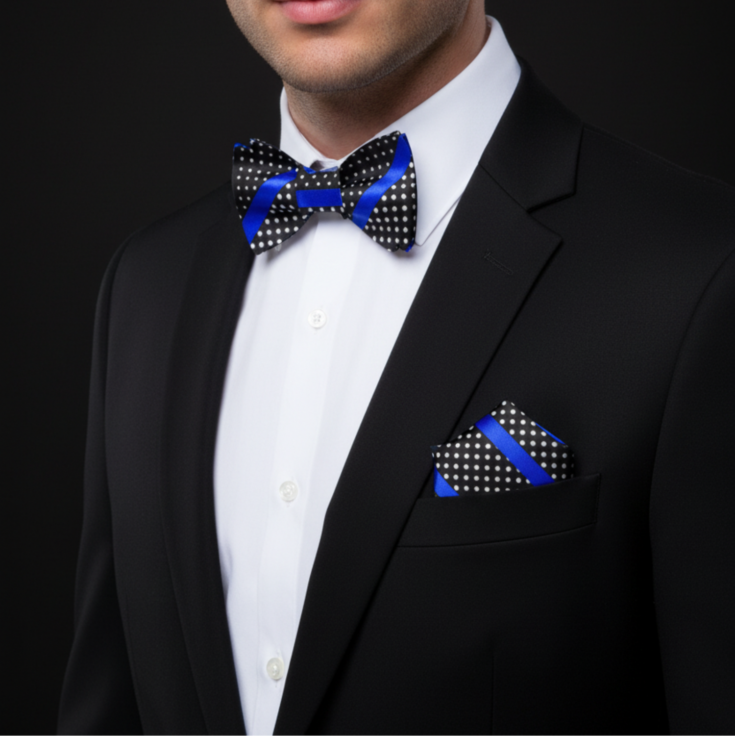 Man wearing a black suit with a blue and black polka dot bow tie and pocket square on a black background