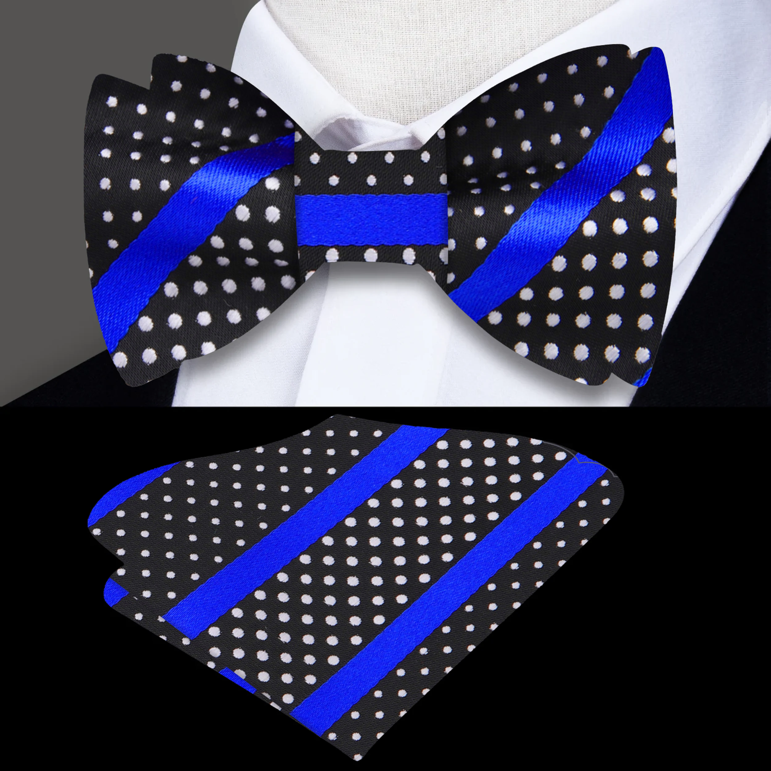 Main View: A Black, Black, White Polka and Stripe Pattern Silk Self Tie Bow Tie, Matching Pocket Square