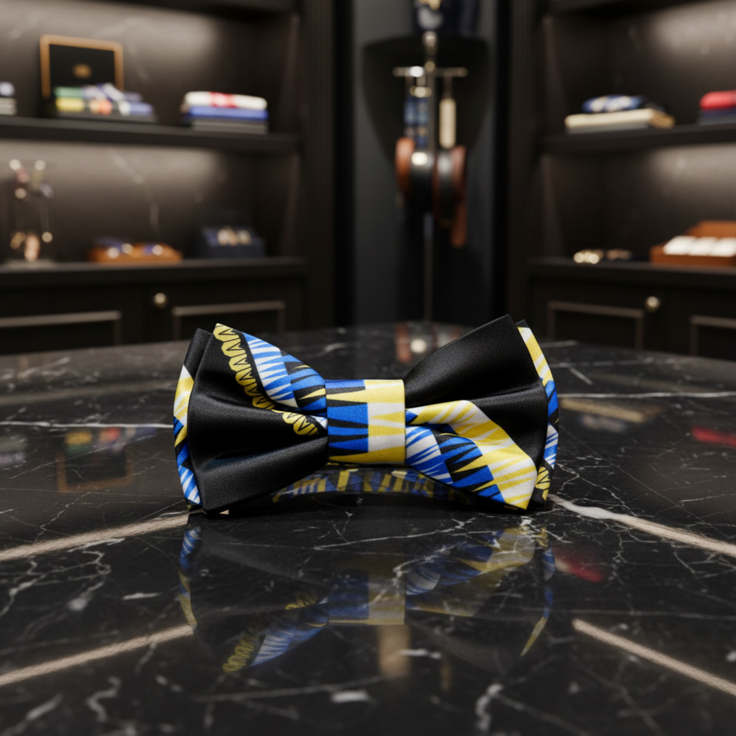 Pre Tied Black Yellow Blue Abstract Bow Tie 
