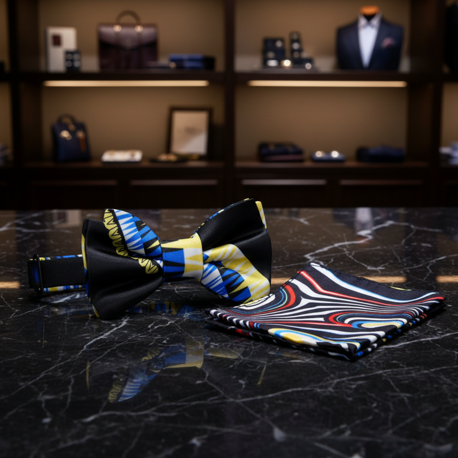 Black Yellow Blue Abstract Bow Tie and Accenting Square