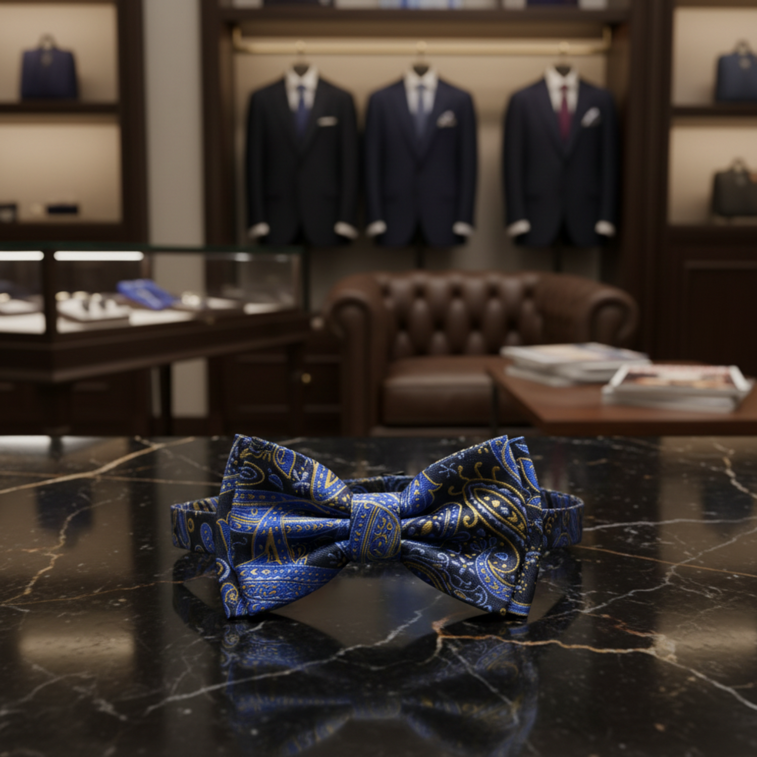 A Black, Blue, Gold Paisley Pattern Bow Tie Pre Tie