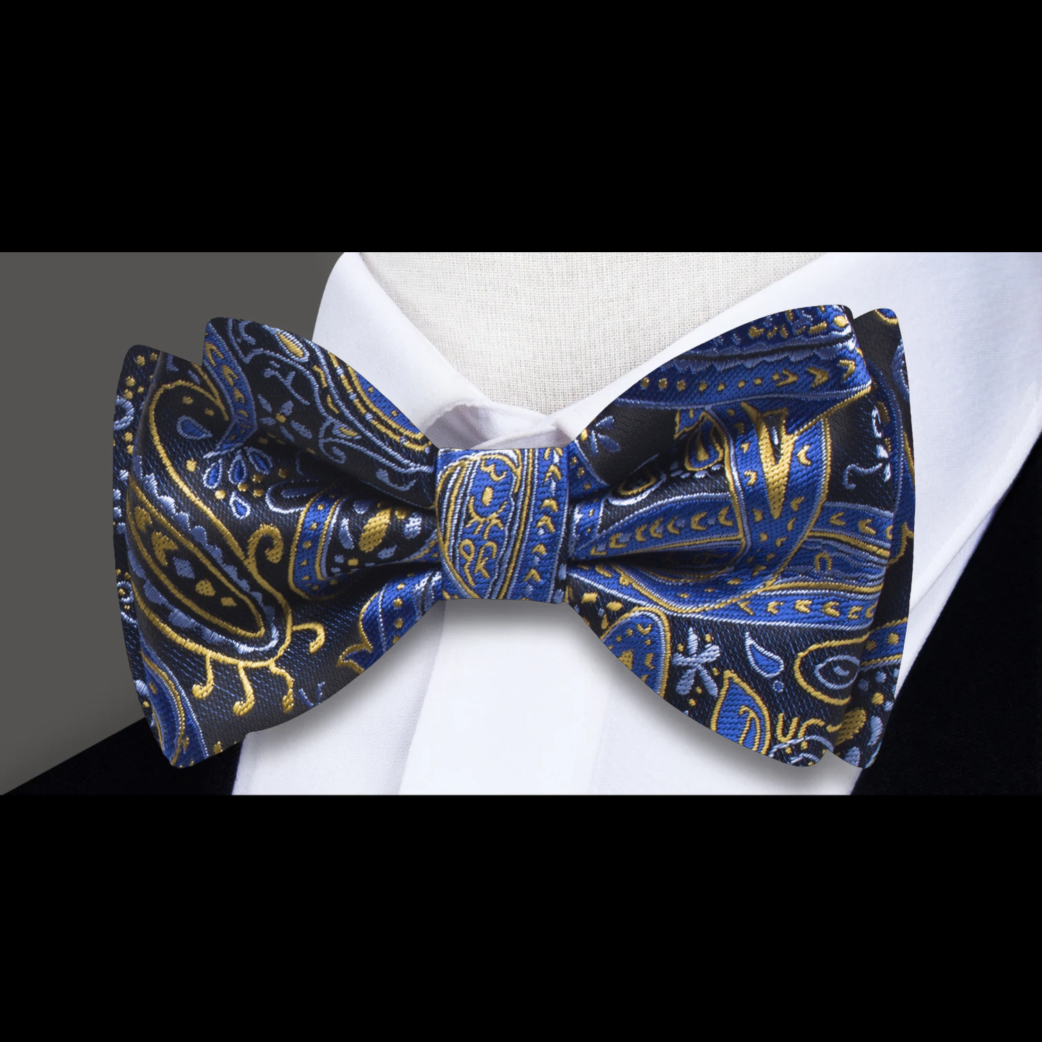 A Black, Blue, Gold Paisley Pattern  Bow Tie