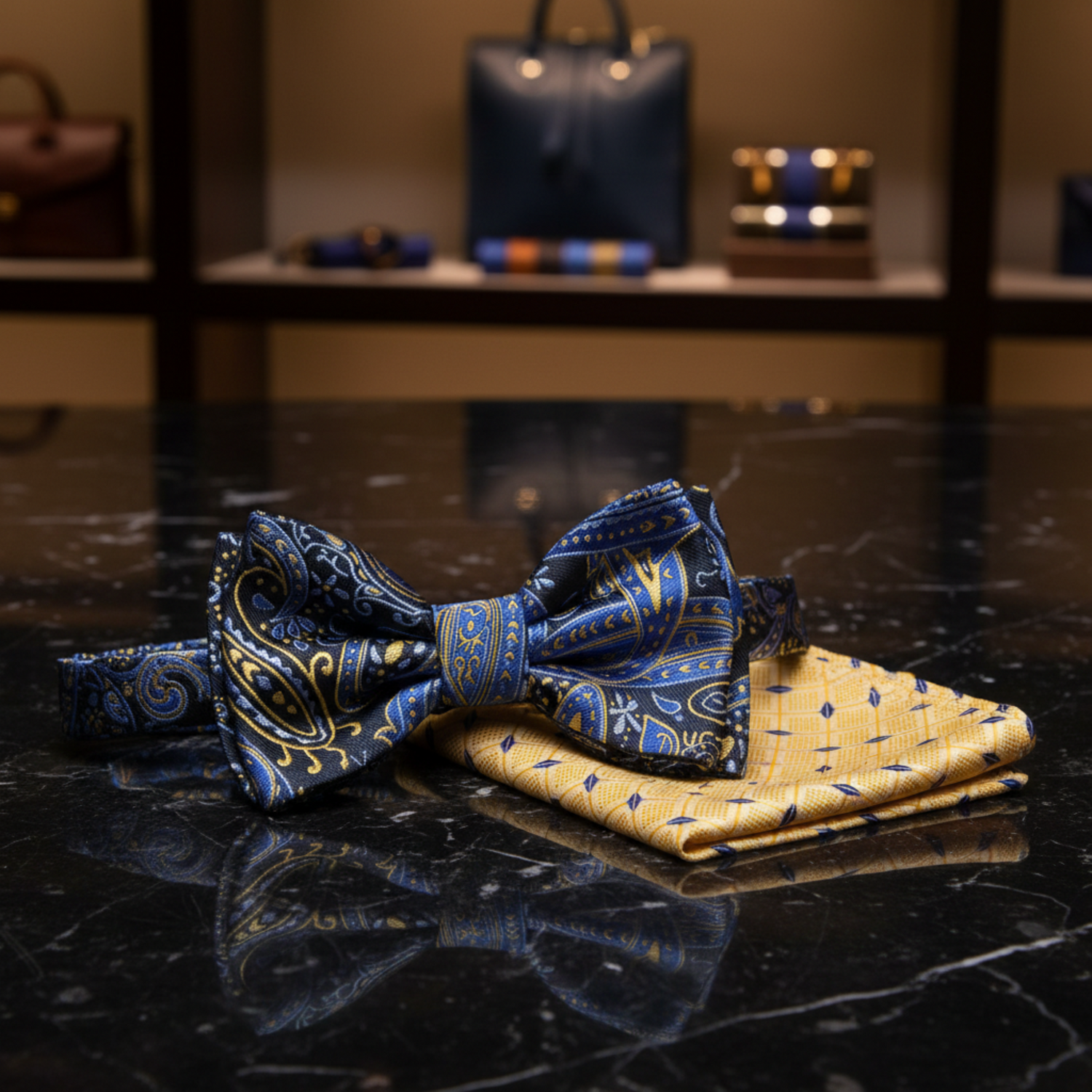 A Black, Blue, Gold Paisley Pattern Self Tie Bow Tie, Accenting Pocket Square
