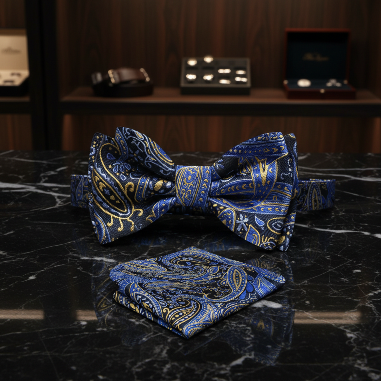 A Black, Blue, Gold Paisley Pattern Self Tie Bow Tie, Matching Pocket Square