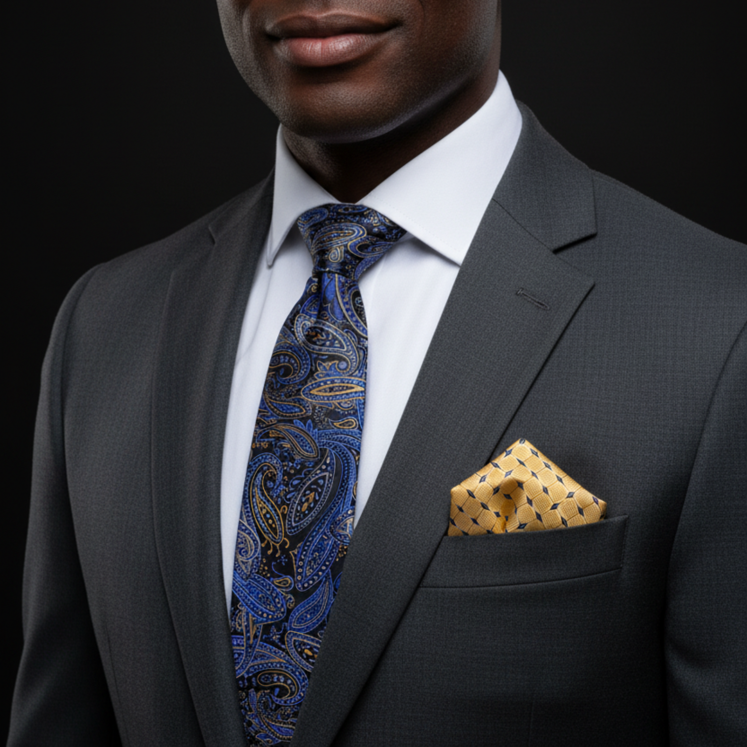 Man wearing a gray suit with a blue paisley tie and gold pocket square on a black background