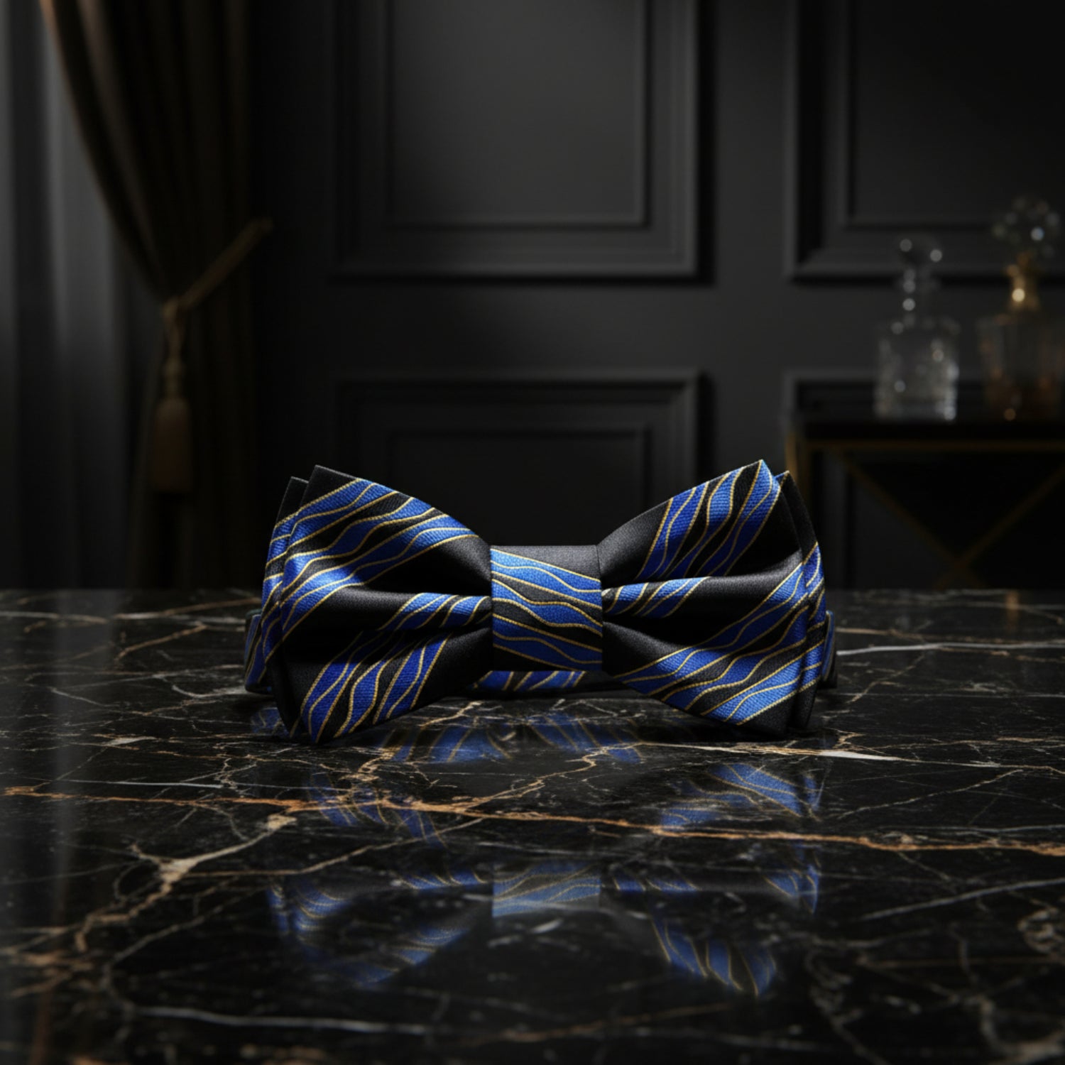 Black, Blue, Yellow Abstract Waves Bow Tie Pre Tied
