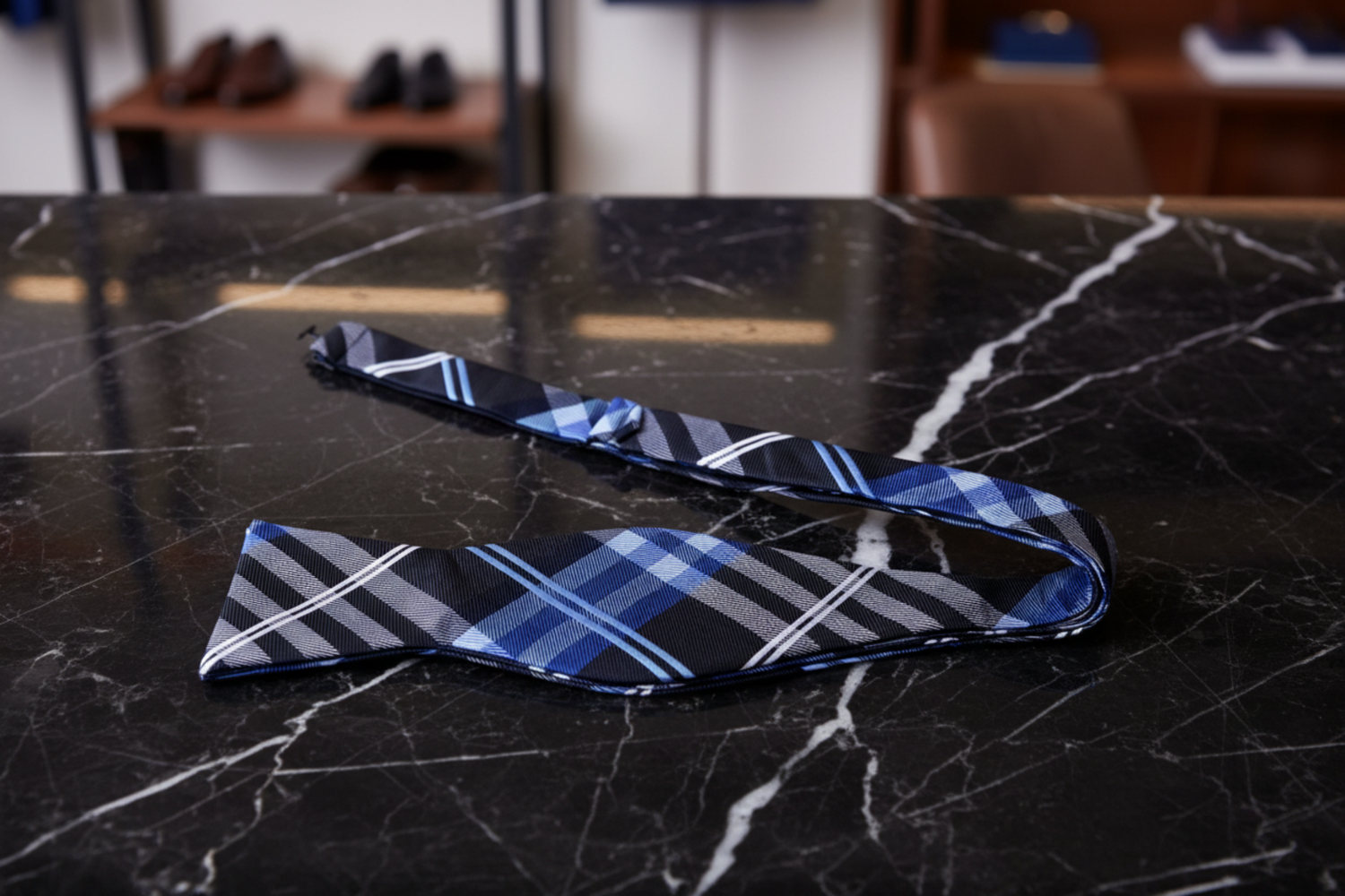 Black Blue and White Accomplished Plaid Self Tie Bow Tie