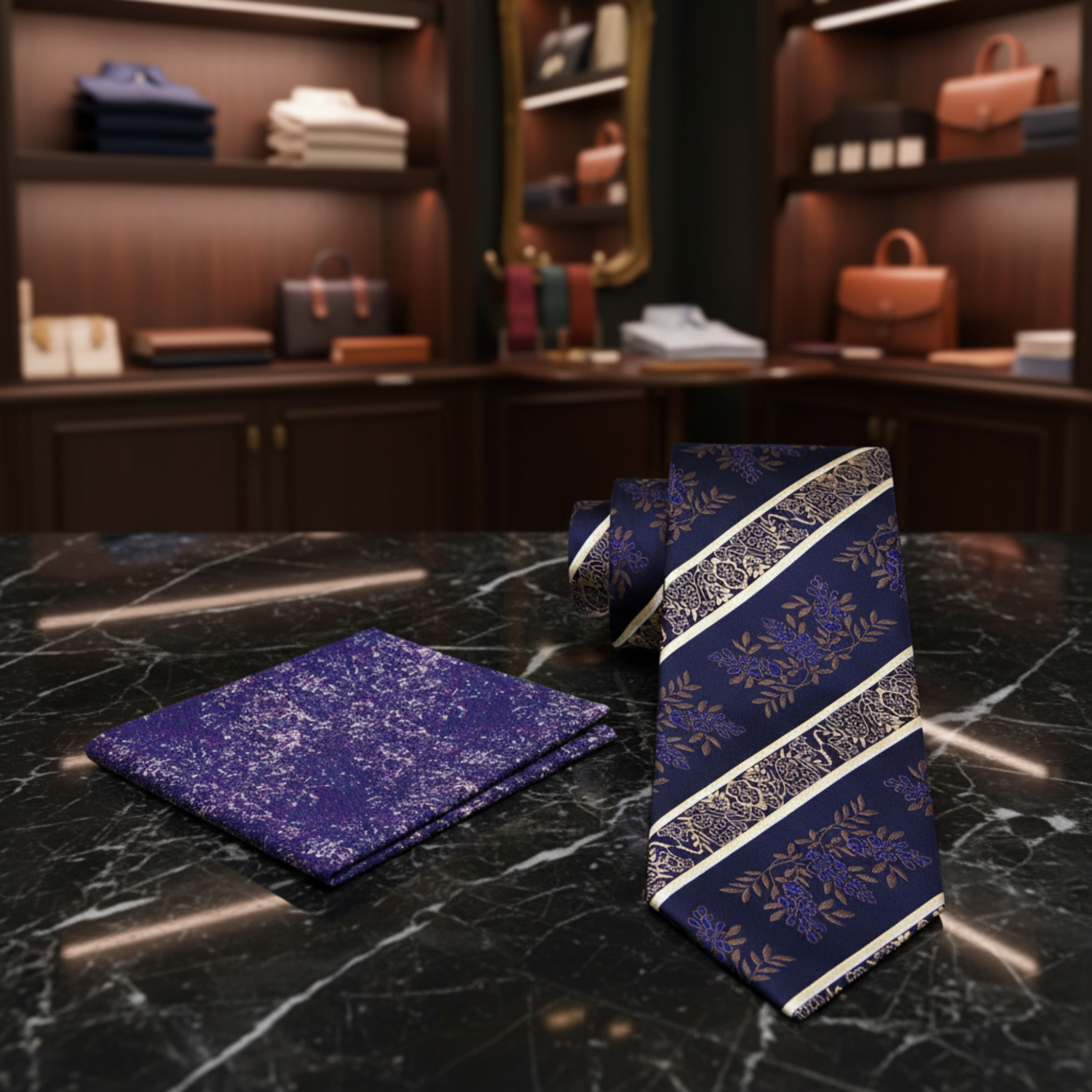 Alt Black, Blue, Brown Floral Tie and Purple Square