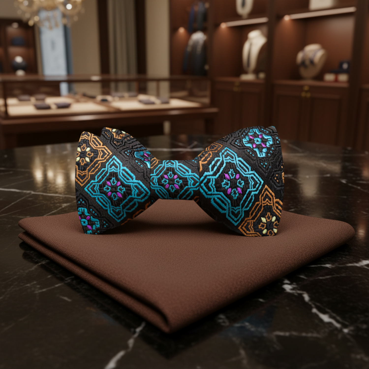 Black, Light Blue, Brown Geometric Bow Tie and Brown Square