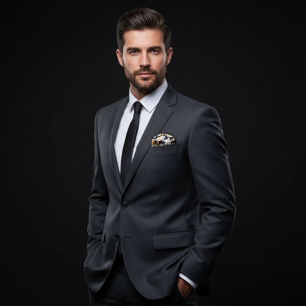 Man wearing brown floral square and black tie