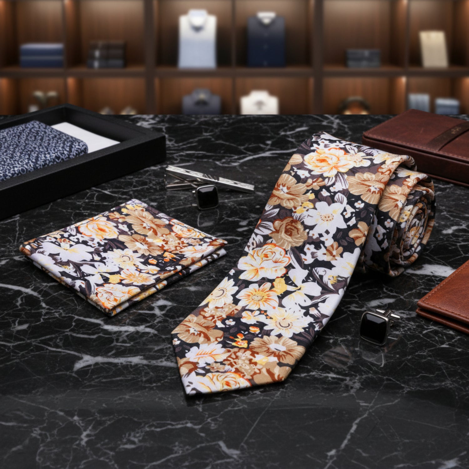 Floral patterned tie and pocket square set on a white background