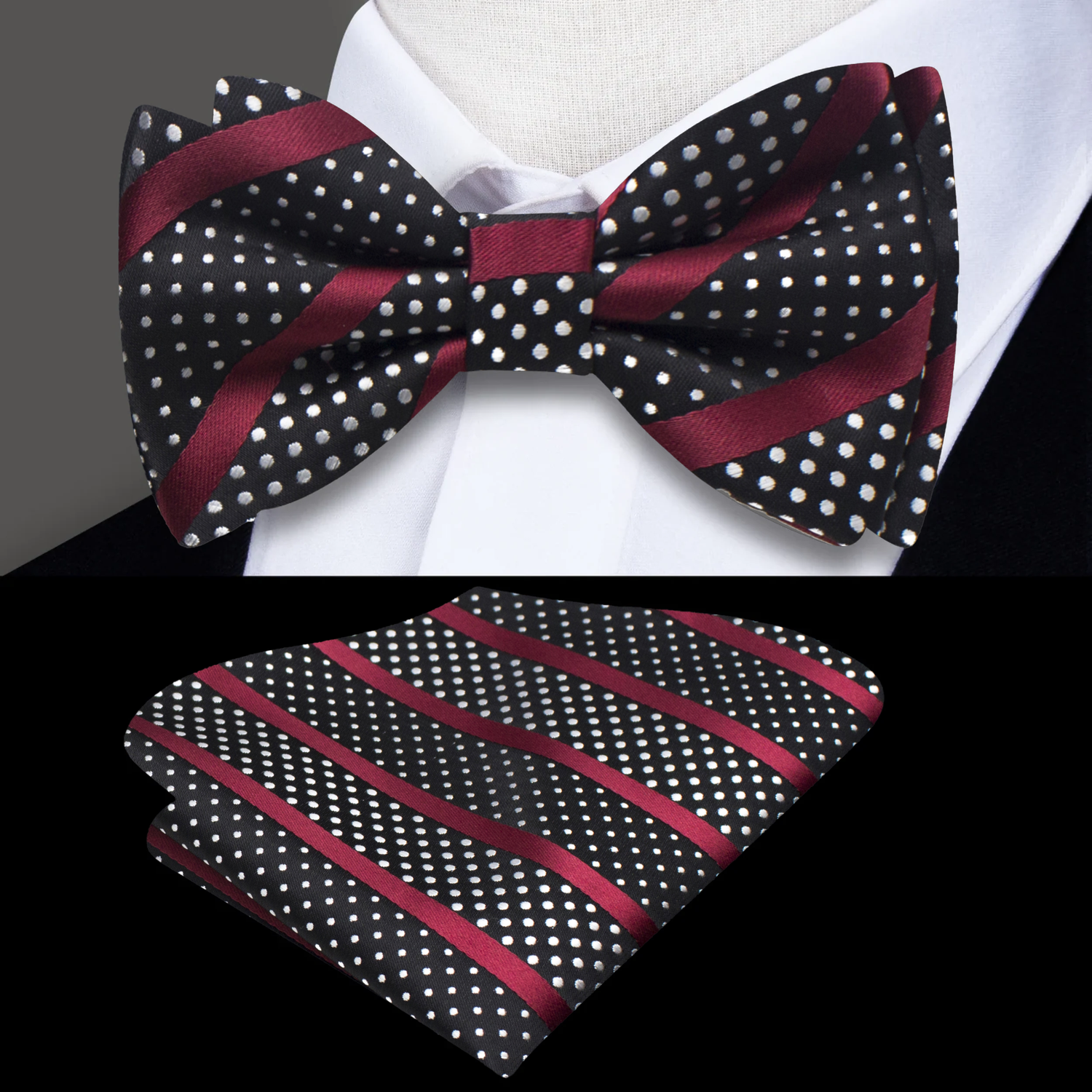 Burgundy Black Versatile Bow Tie and Pocket Square||Burgundy, Black, White