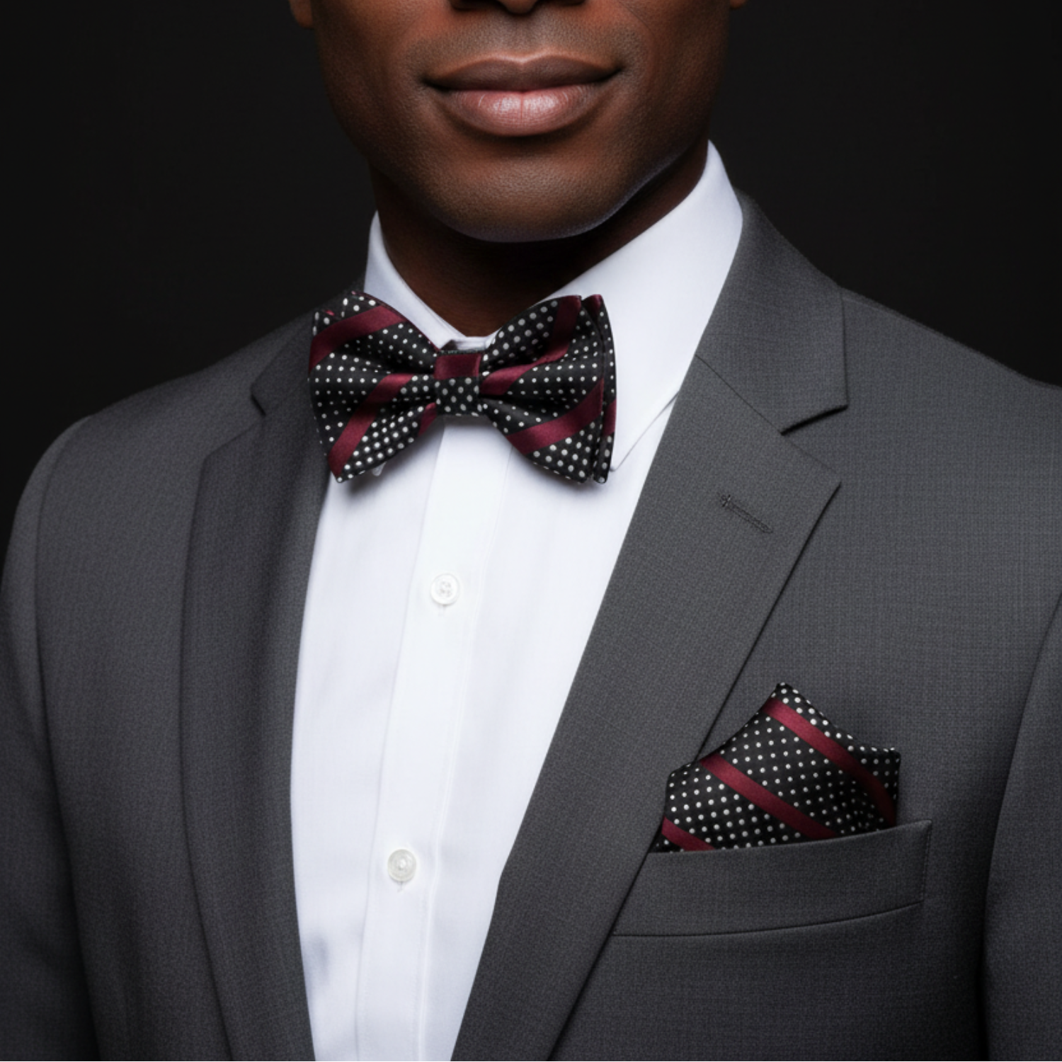 Man wearing a gray suit with a polka dot bow tie and pocket square on a black background