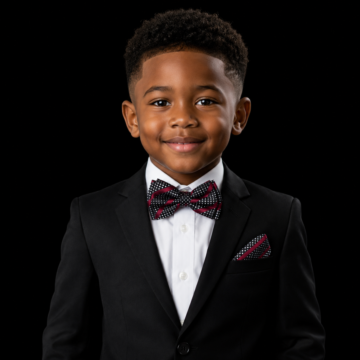 Boy wearing black suit with black red bow tie and square