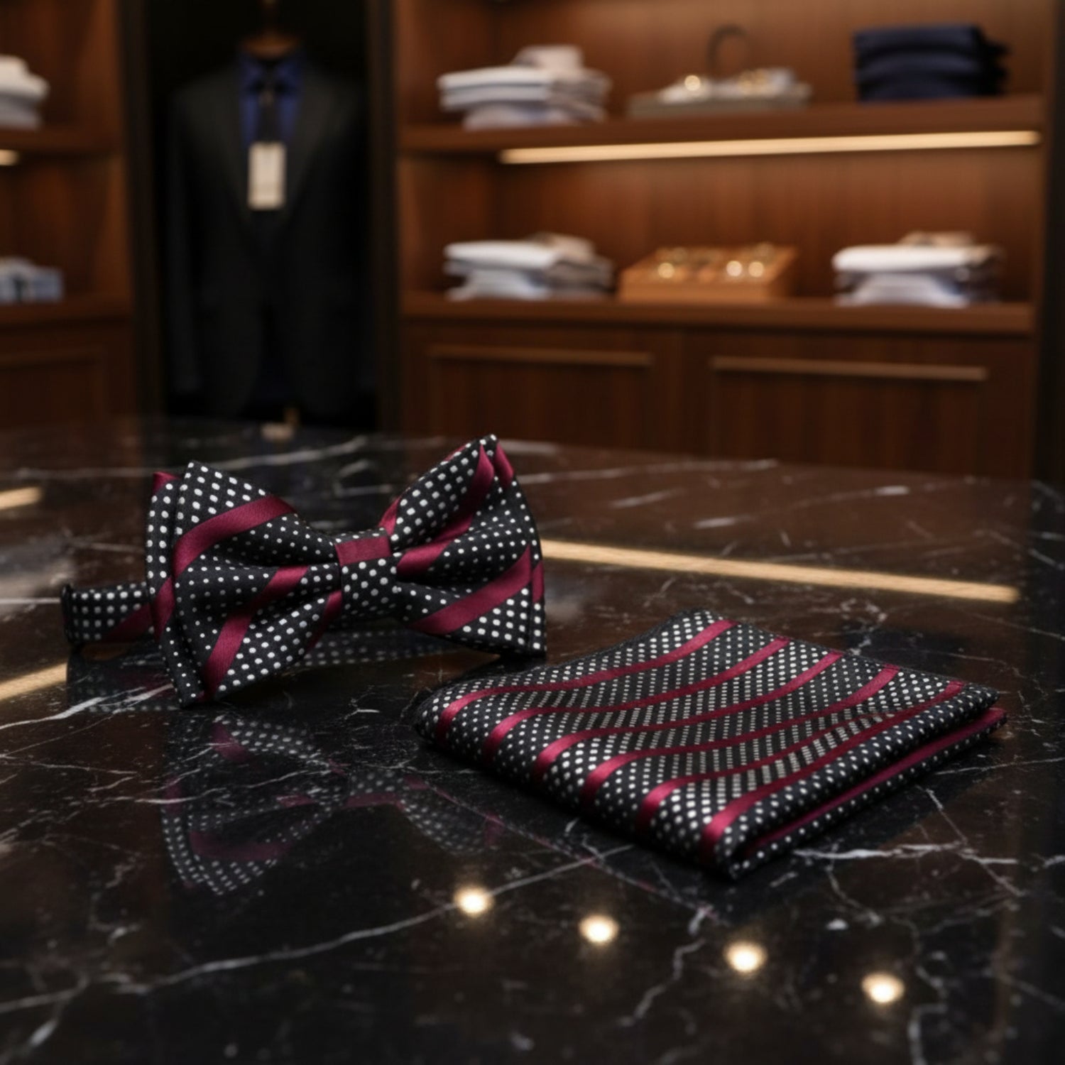 black red stripe dot bow tie and square on marble