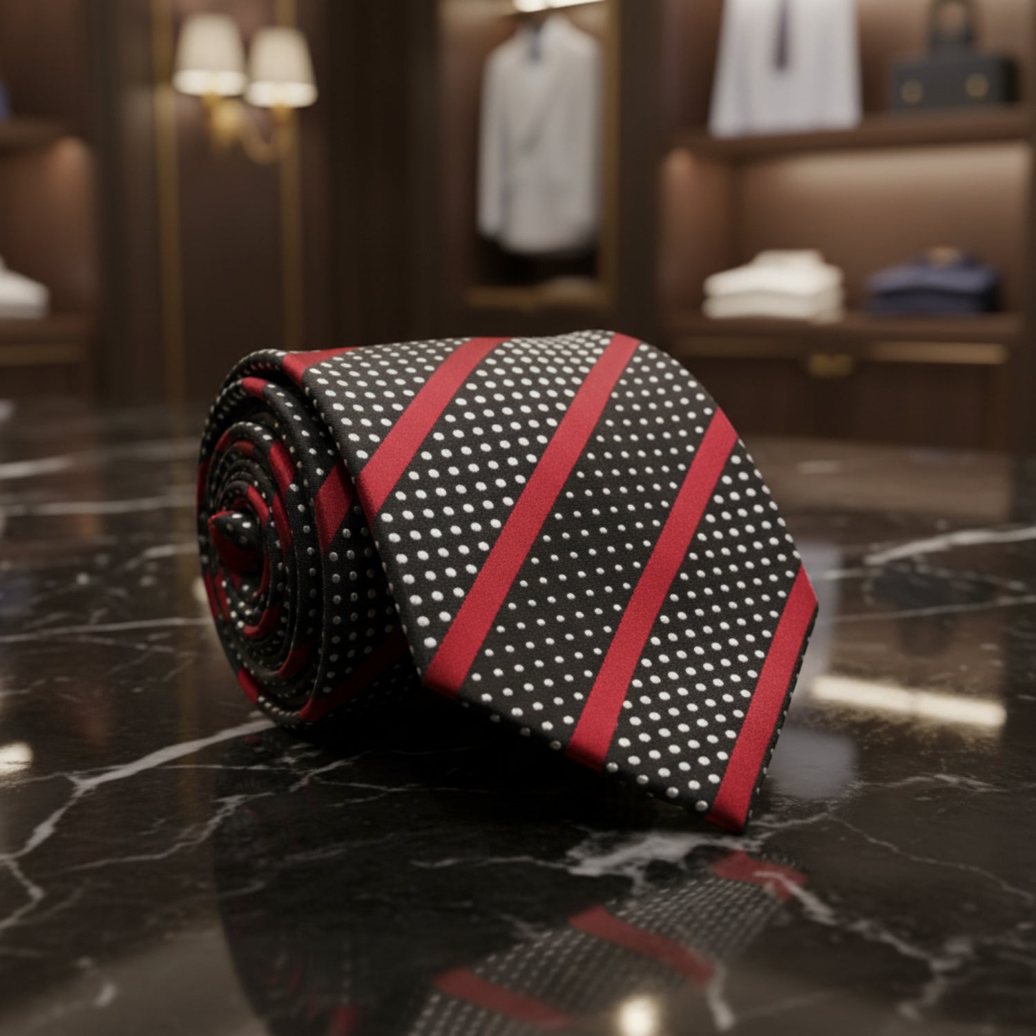 Roll of a tie with black background, white polka dots, and red stripes on a white background