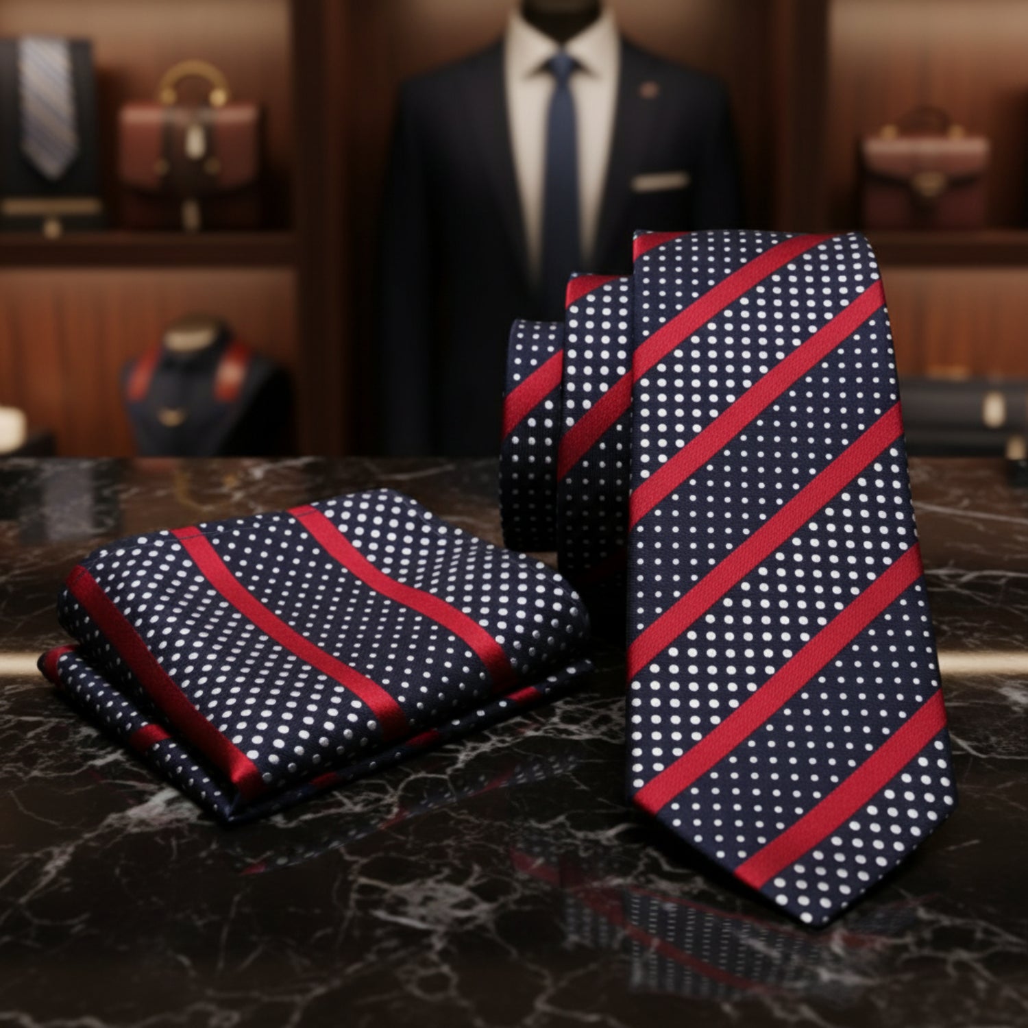 View 2: Black, Deep Red Stripe with White Polka Necktie and Square
