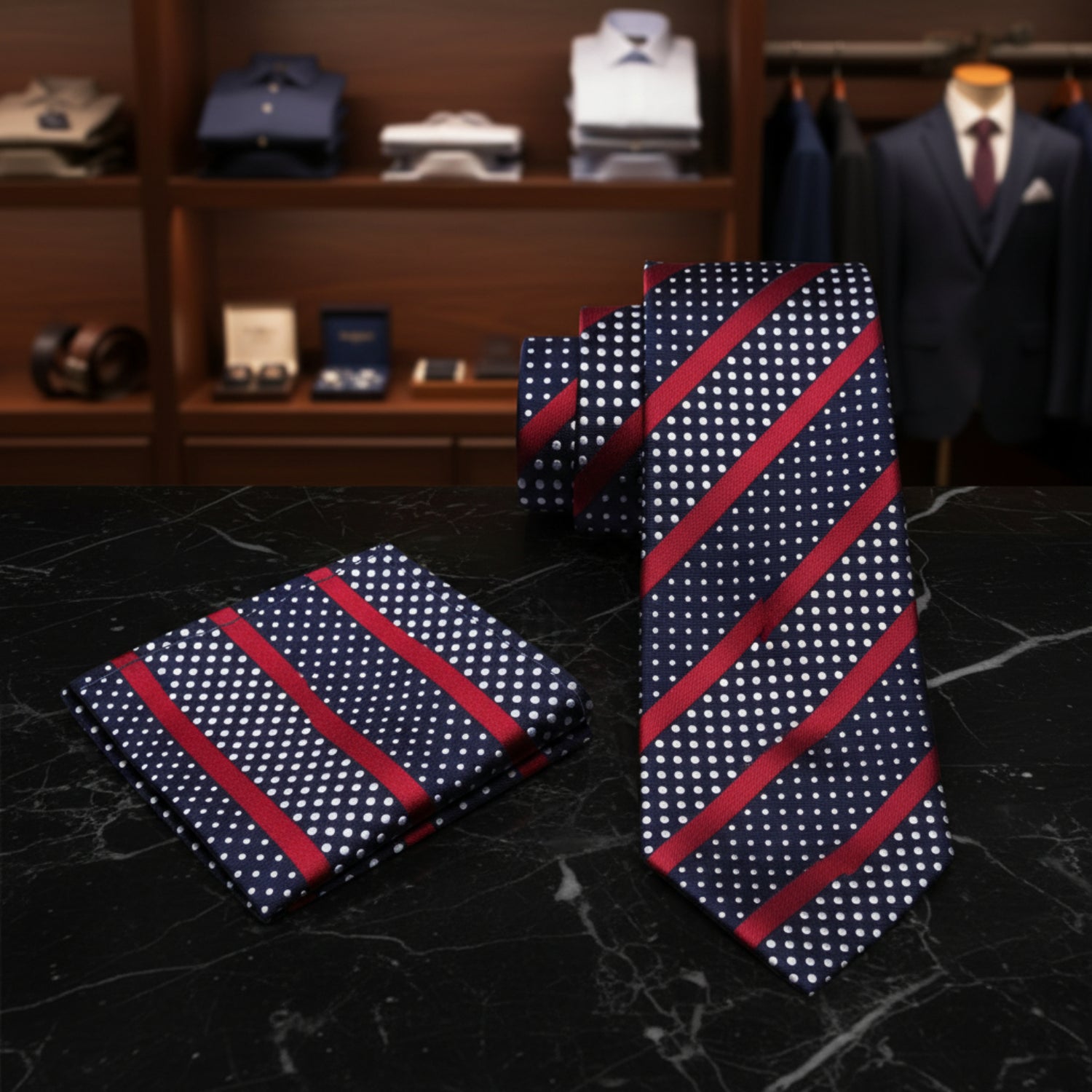 Navy tie with white polka dots and red stripes, paired with matching pocket square on a white background