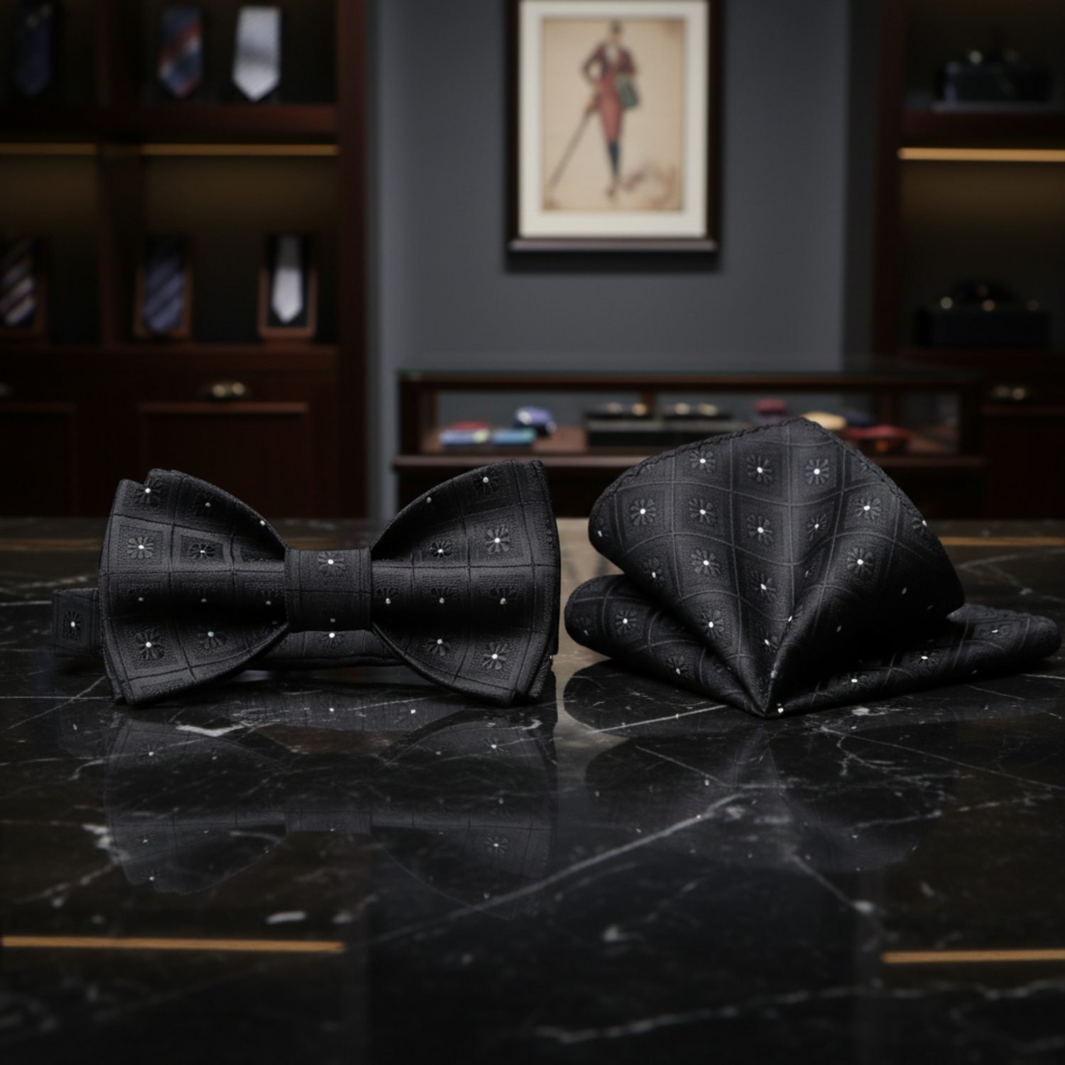 A Black, White Geometric Squares With Small Flowers Self Tie Bow Tie, Matching Pocket Square