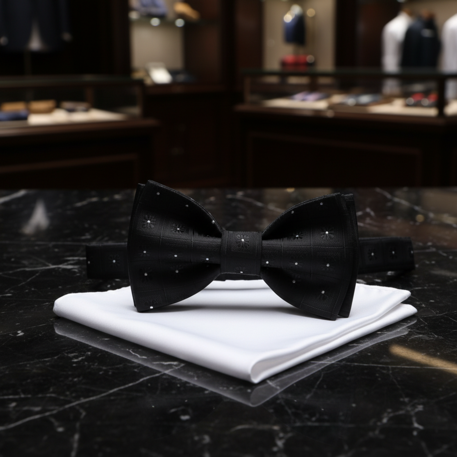 A Black, White Geometric Squares With Small Flowers Self Tie Bow Tie, White Pocket Square