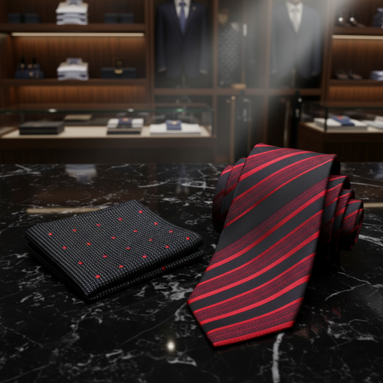 Alt: Red and black striped tie with accenting black and red polka pocket square